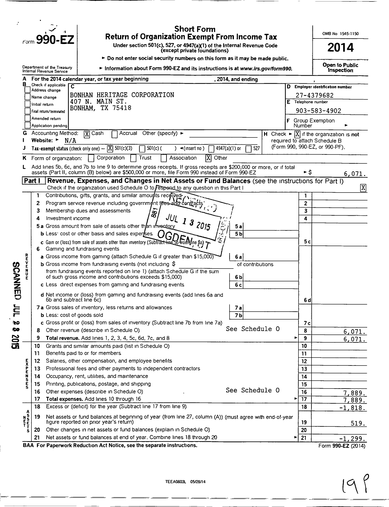 Image of first page of 2014 Form 990EZ for Bonham Heritage Corporation