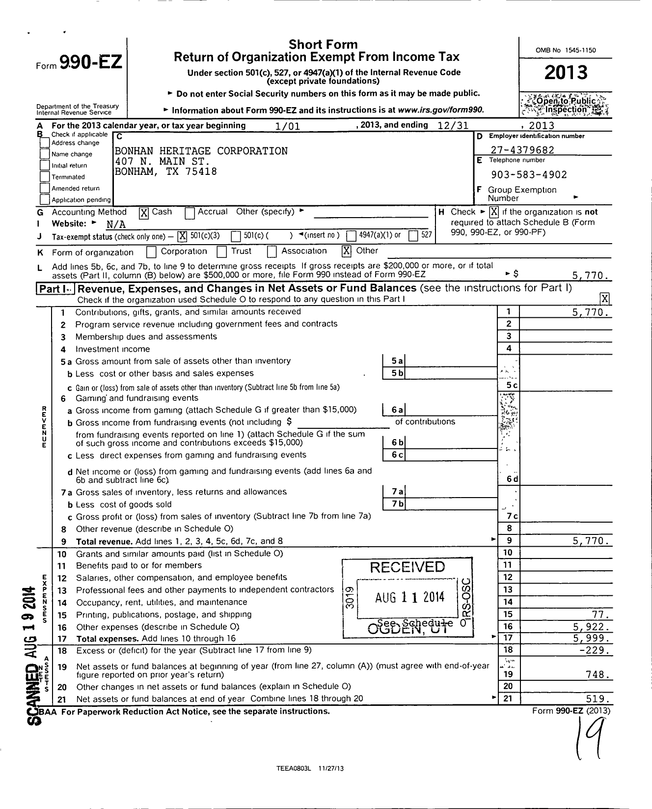 Image of first page of 2013 Form 990EZ for Bonham Heritage Corporation