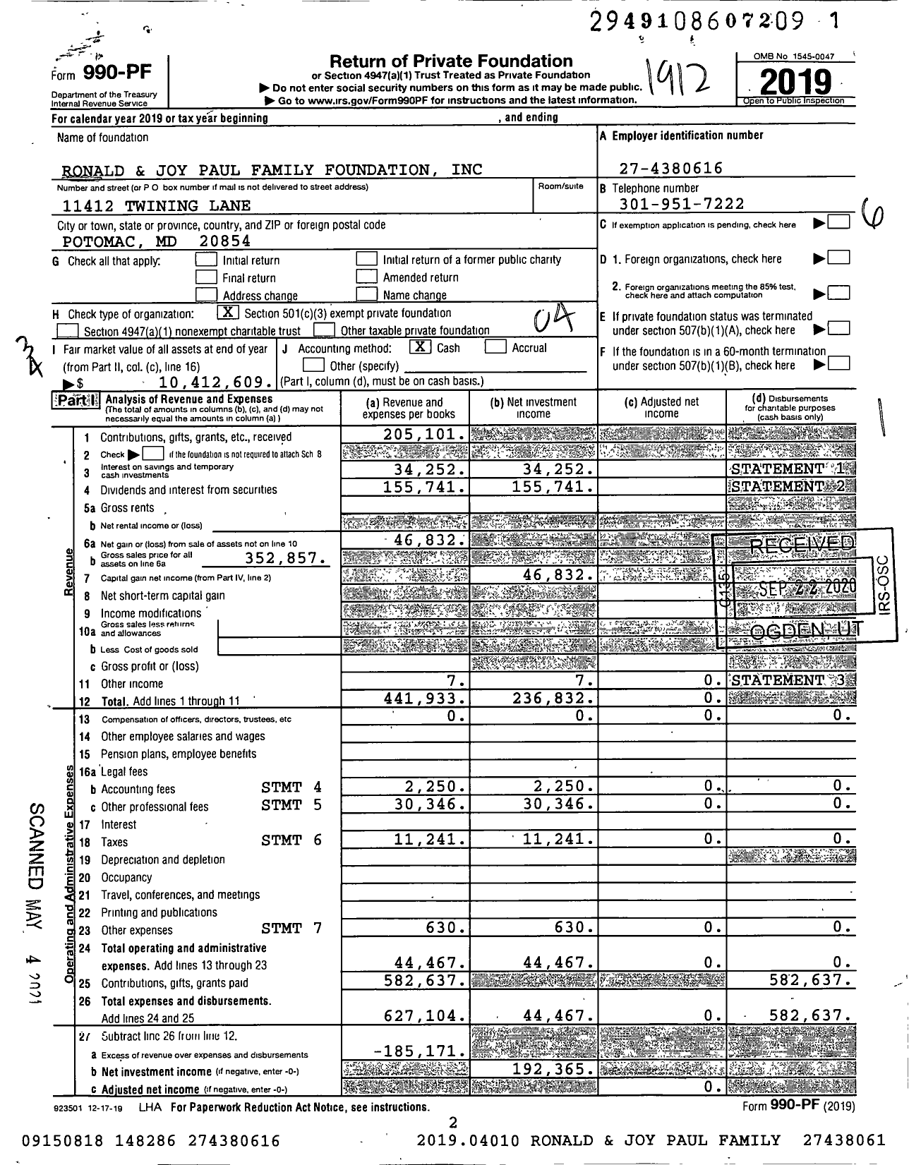 Image of first page of 2019 Form 990PF for Ronald and Joy Paul Family Foundation