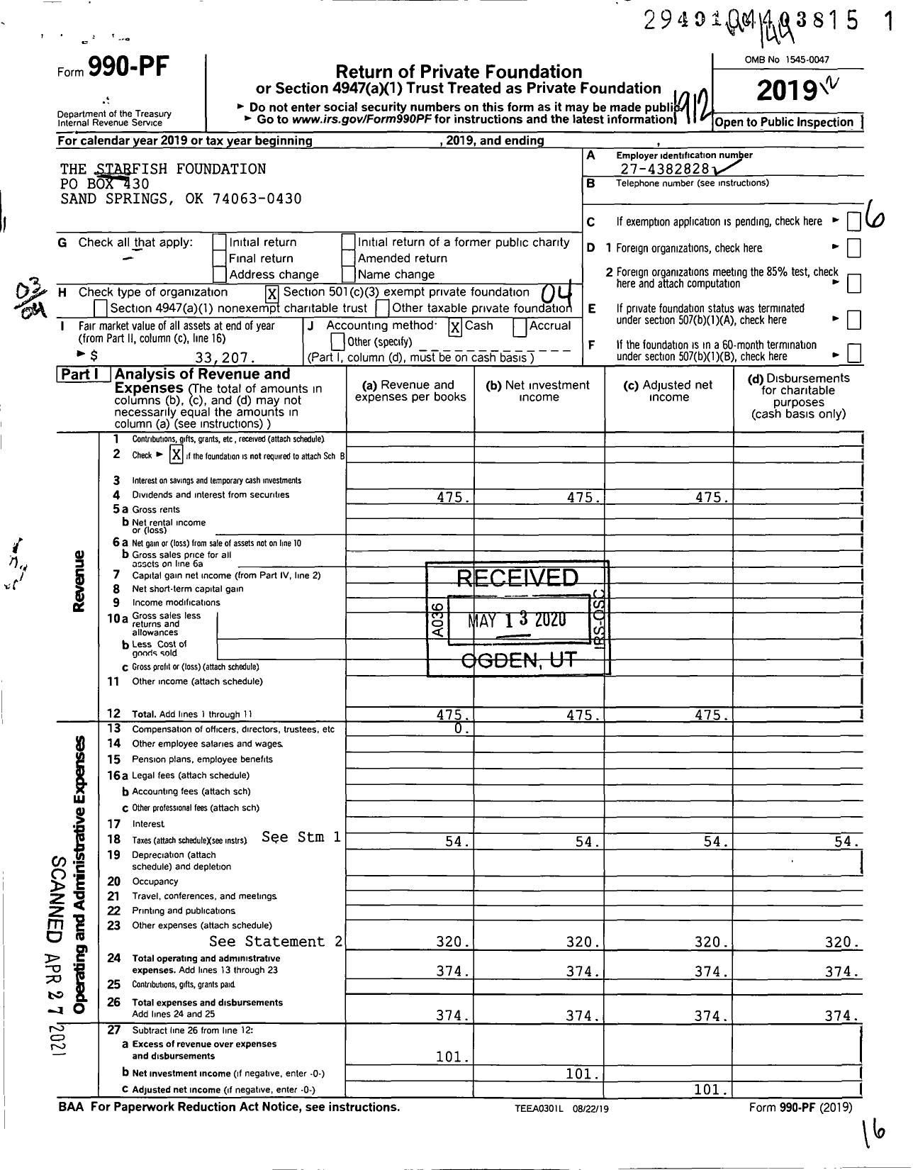 Image of first page of 2019 Form 990PF for Starfish Foundation