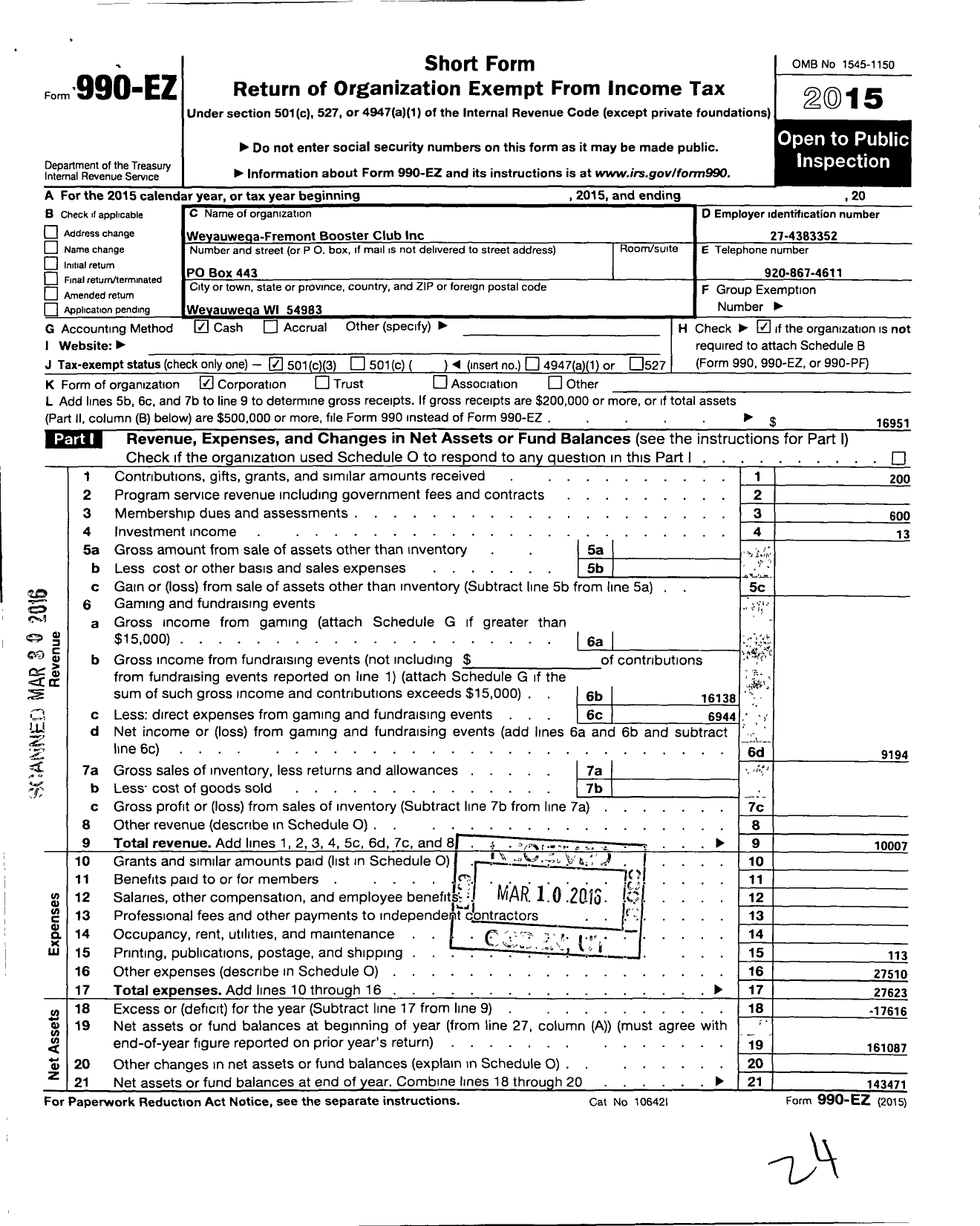 Image of first page of 2015 Form 990EZ for Weyauwega-Fremont Booster Club