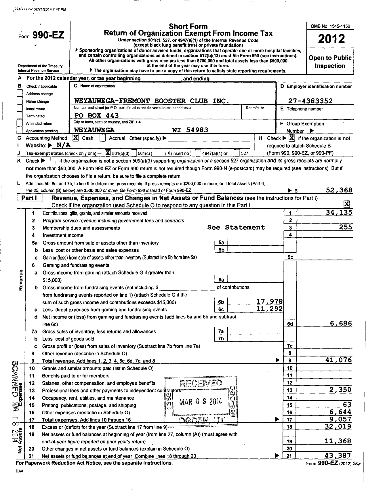 Image of first page of 2012 Form 990EZ for Weyauwega-Fremont Booster Club