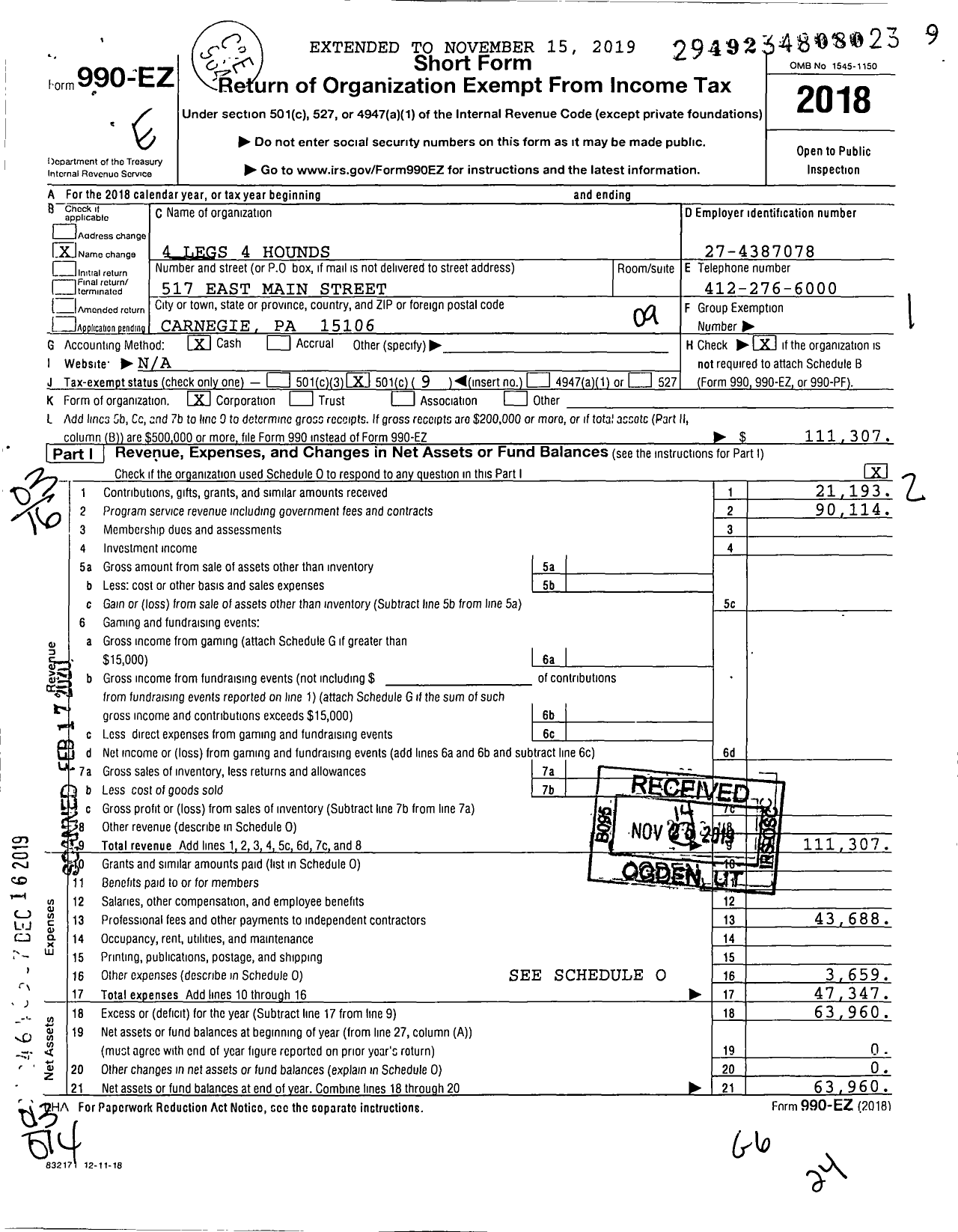 Image of first page of 2018 Form 990EO for 4 Legs 4 Hounds