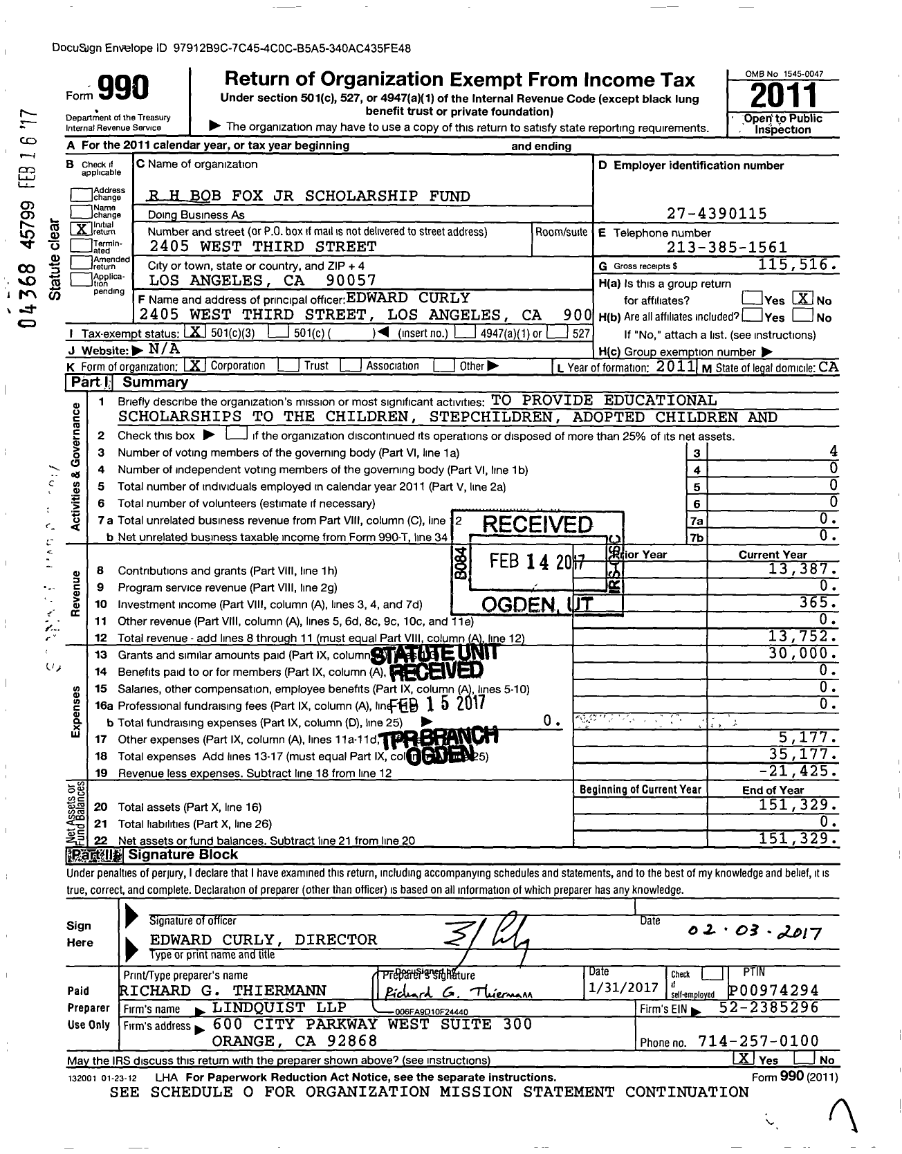 Image of first page of 2011 Form 990 for R H Bob Fox JR Scholarship Fund