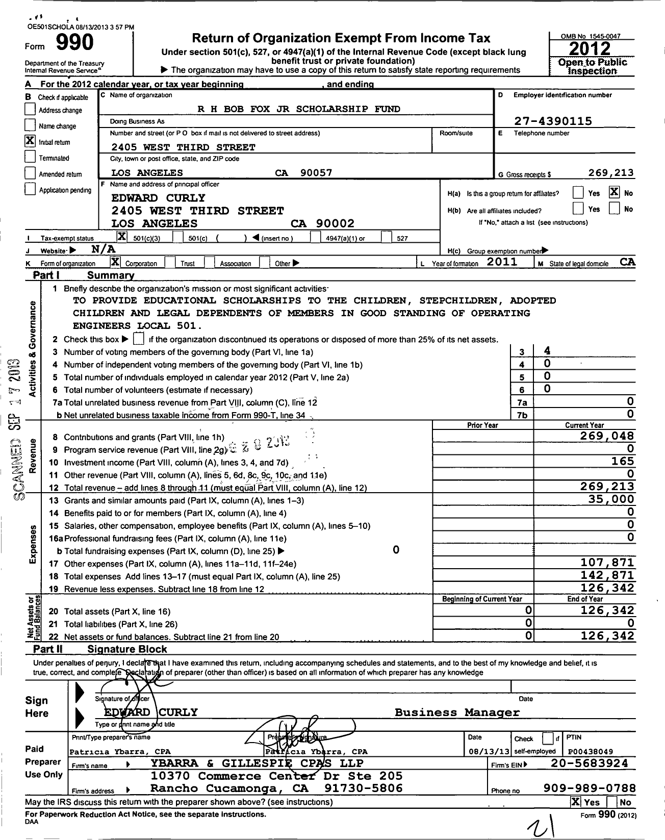 Image of first page of 2012 Form 990 for R H Bob Fox JR Scholarship Fund