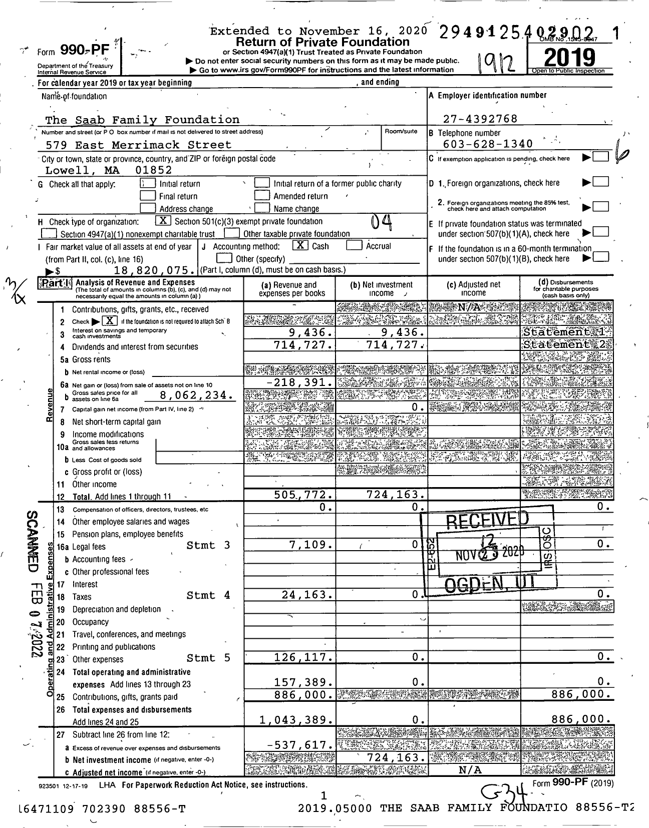 Image of first page of 2019 Form 990PF for The Saab Family Foundation