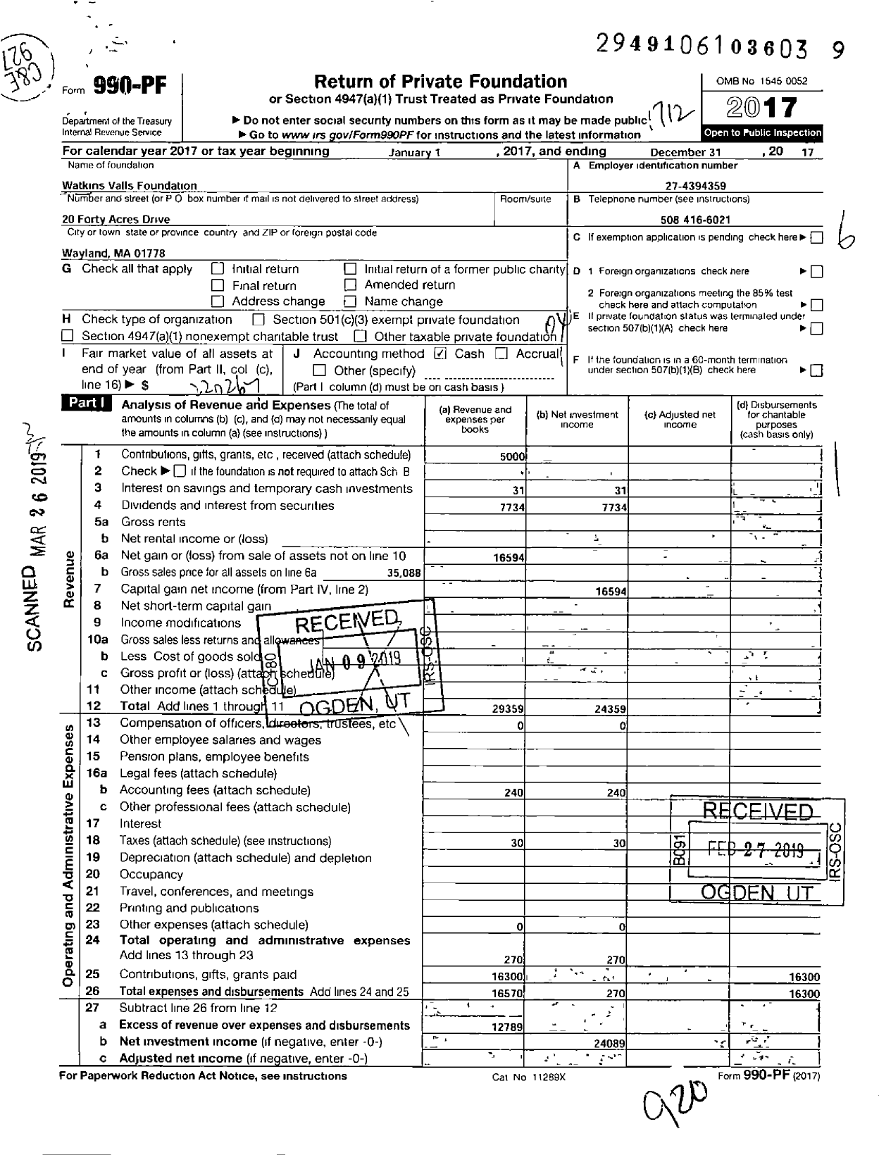 Image of first page of 2017 Form 990PF for Watkins Valls Family Foundation