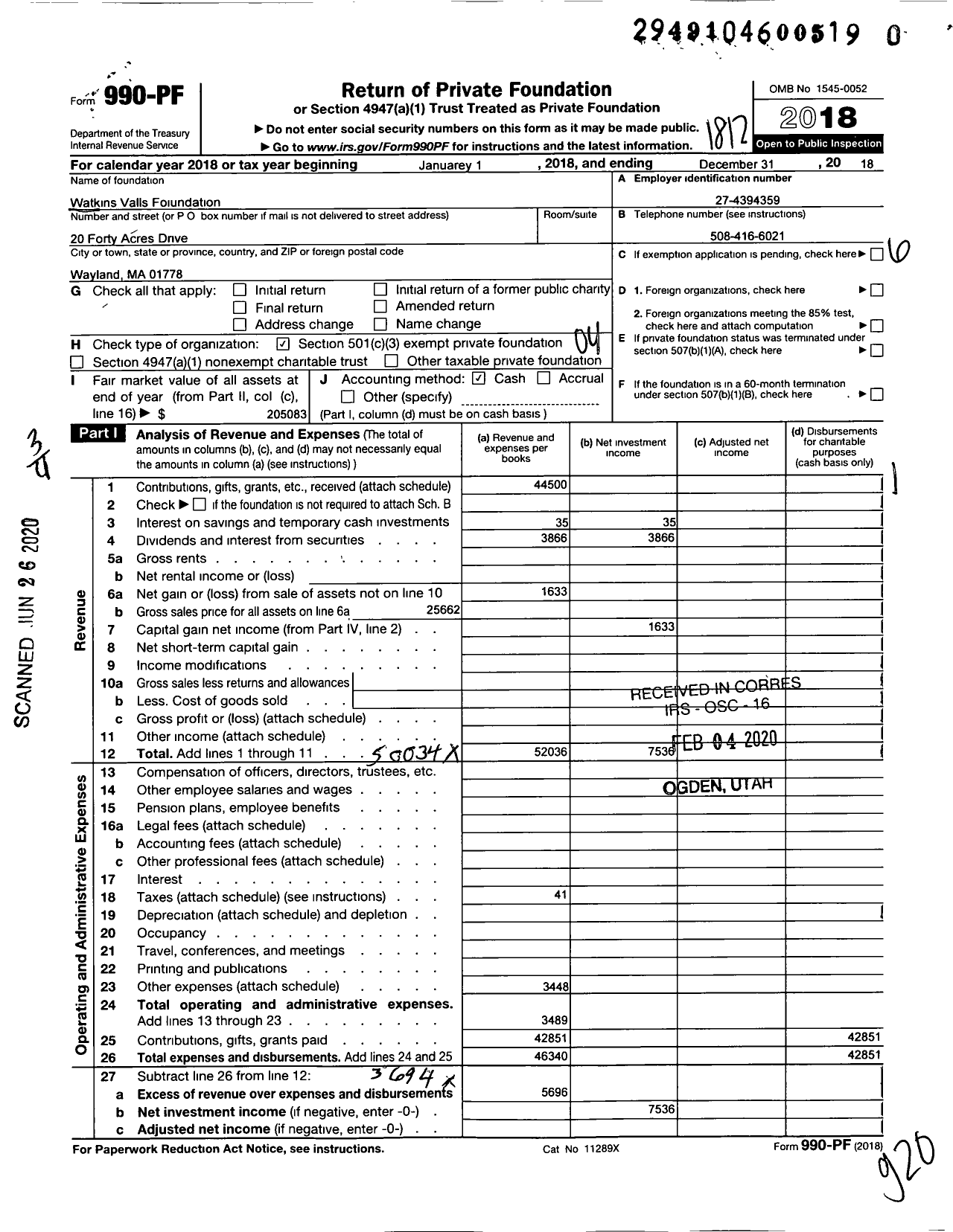 Image of first page of 2018 Form 990PR for Watkins Valls Family Foundation