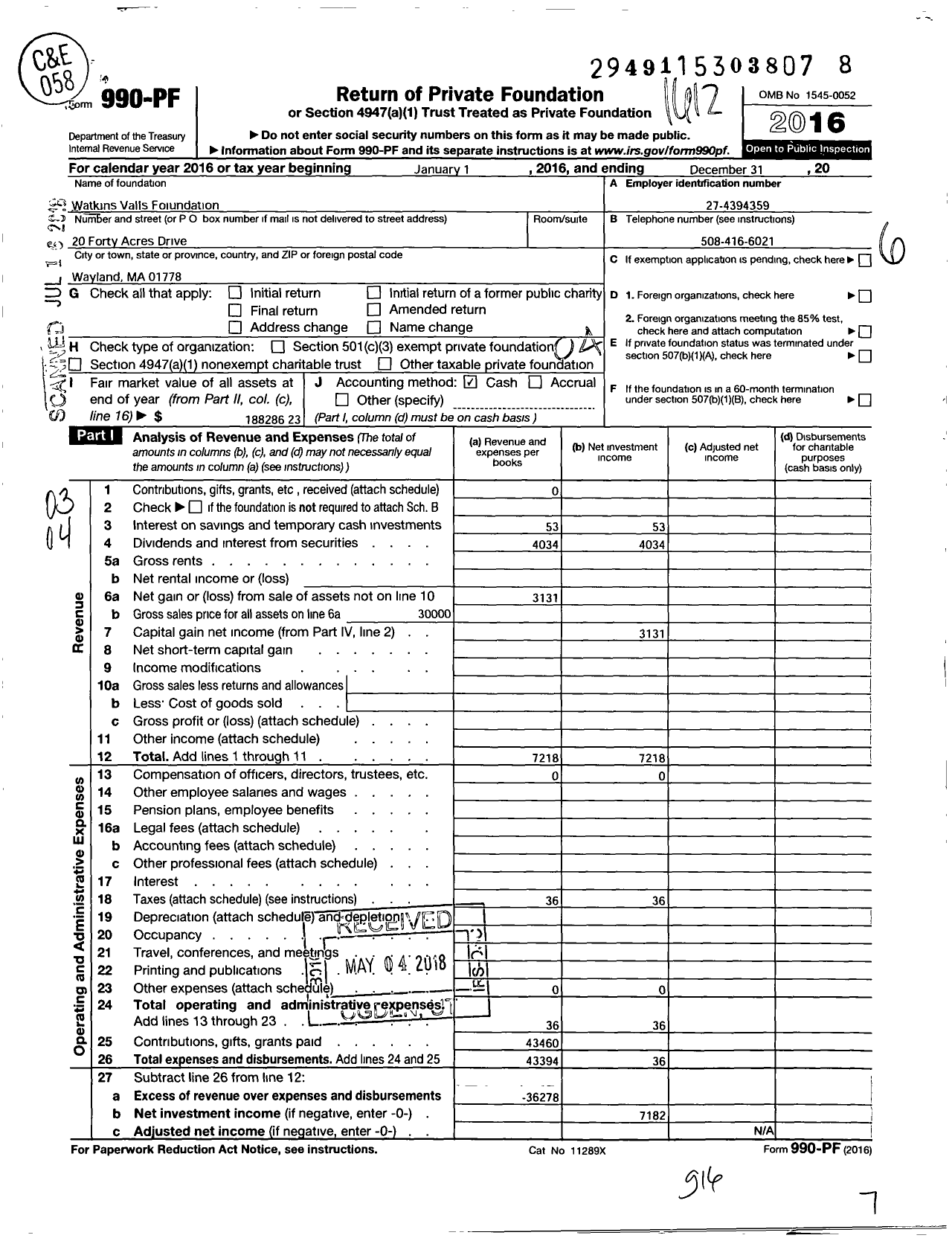 Image of first page of 2016 Form 990PF for Watkins Valls Family Foundation