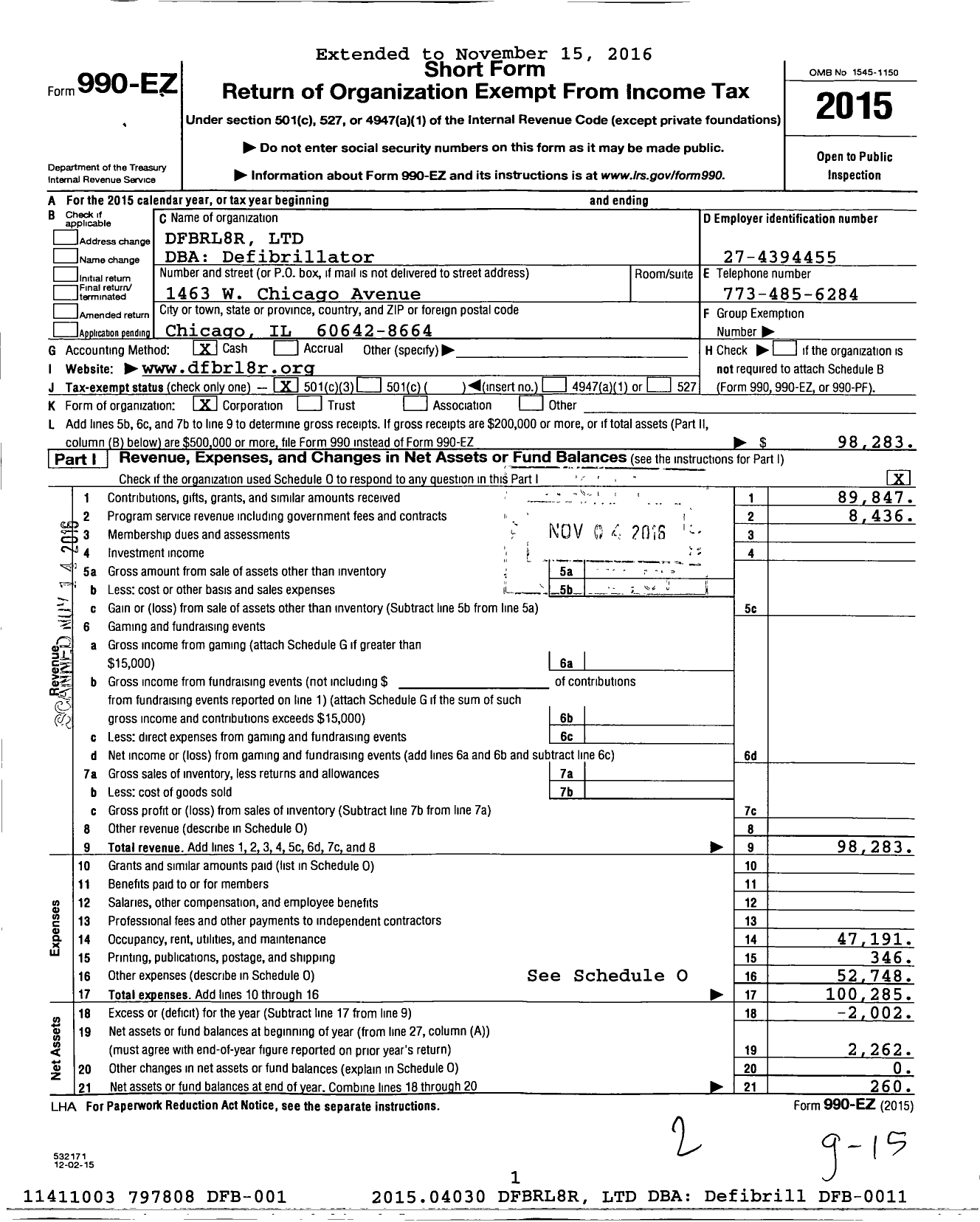 Image of first page of 2015 Form 990EZ for DFBRL8R (DFBRL8R)