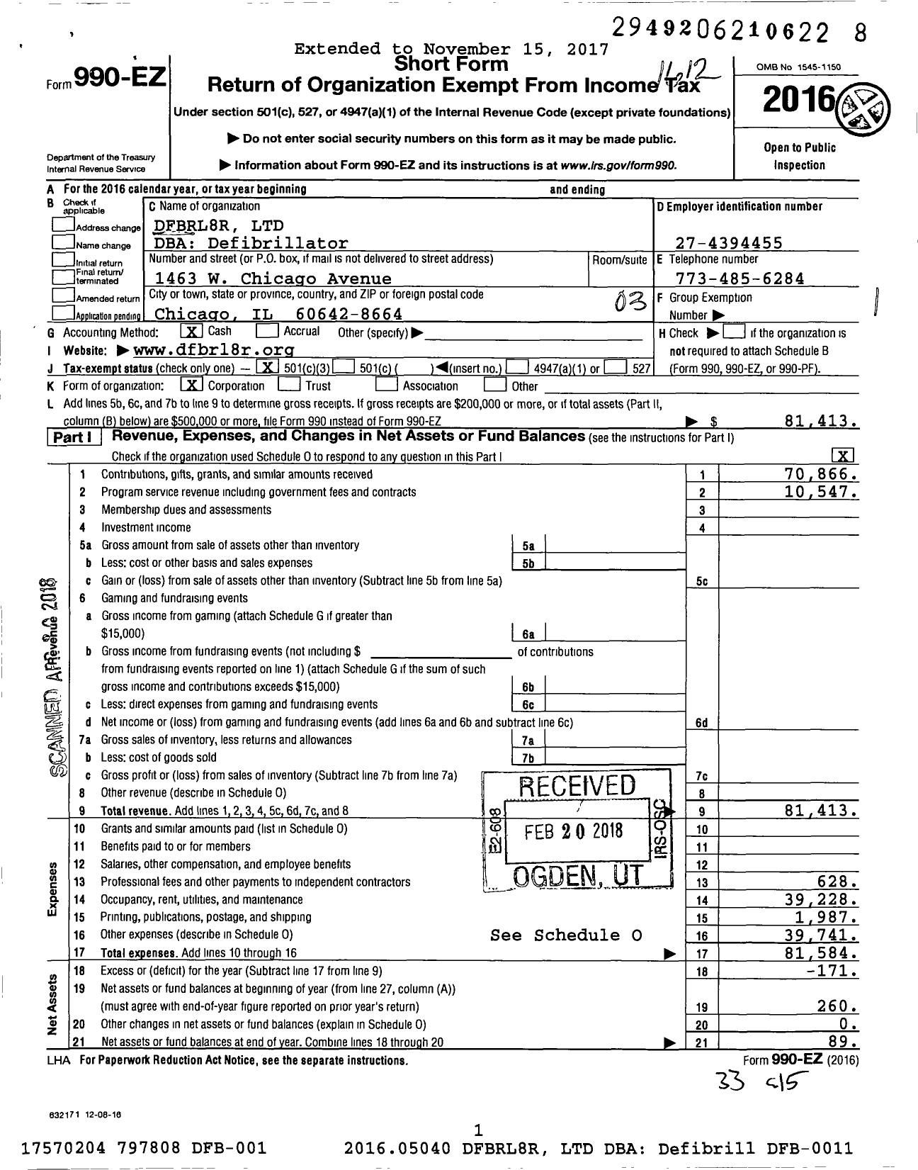 Image of first page of 2016 Form 990EZ for DFBRL8R (DFBRL8R)