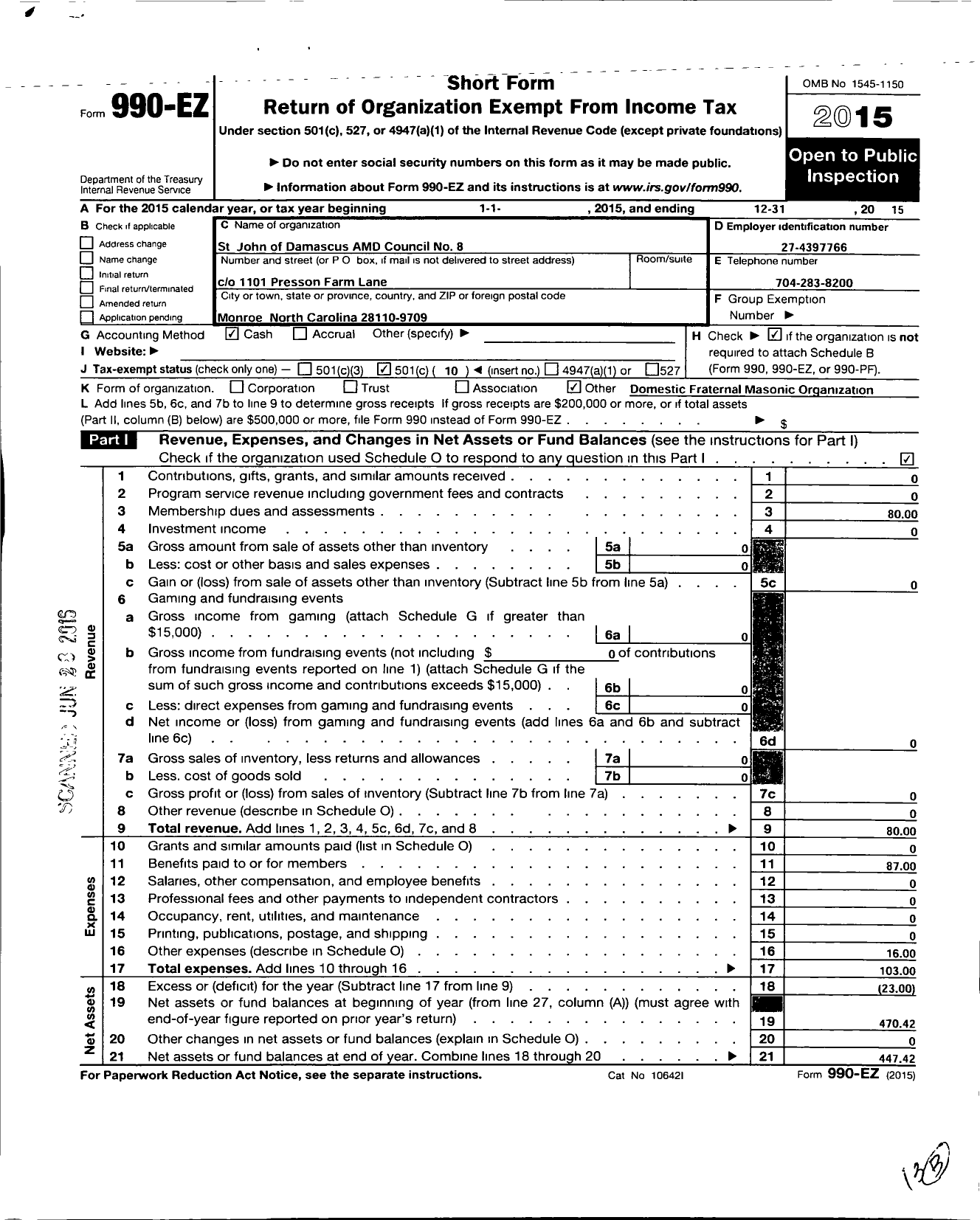 Image of first page of 2015 Form 990EO for St John of Damascus Council 8