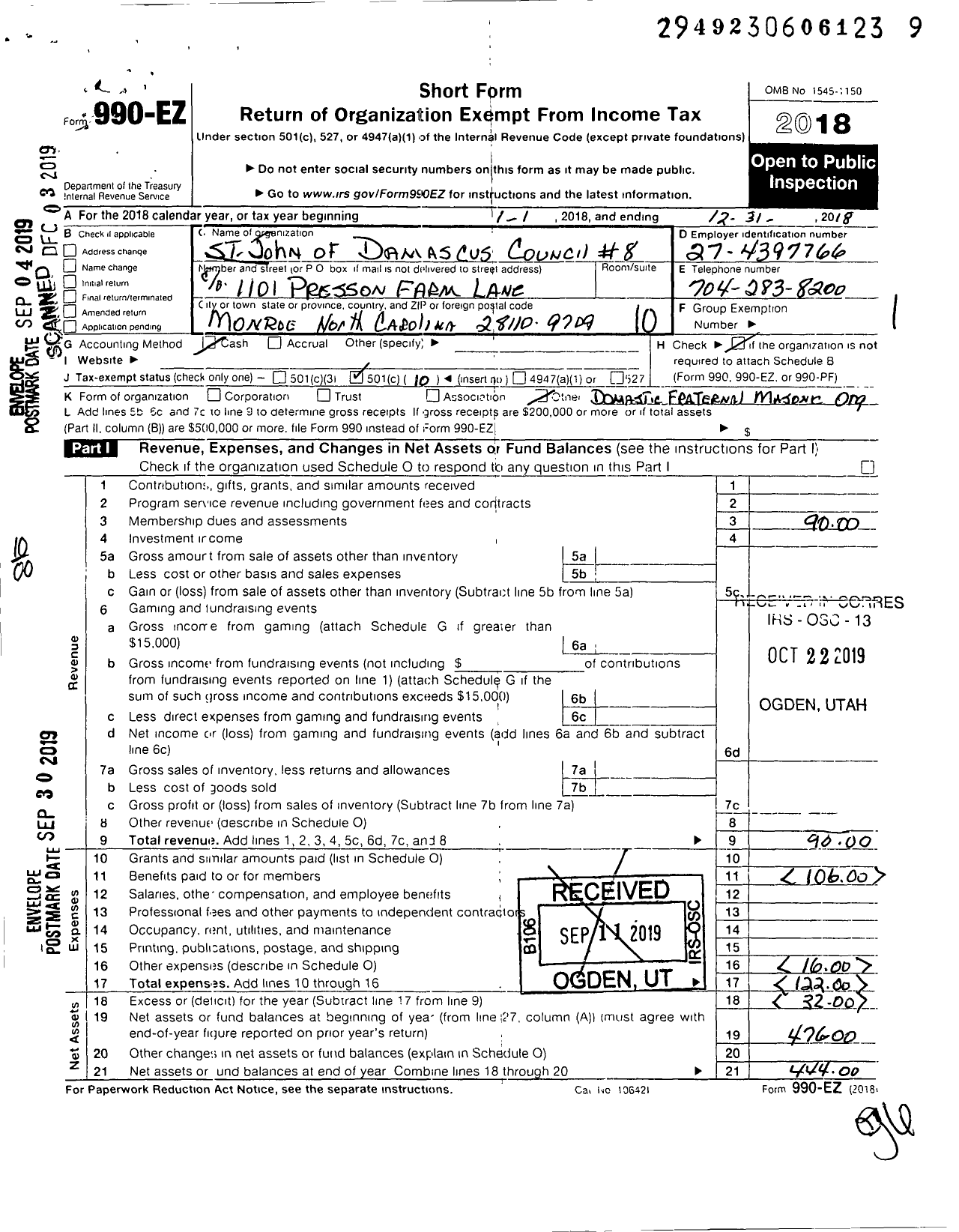 Image of first page of 2018 Form 990EO for St John of Damascus Council 8