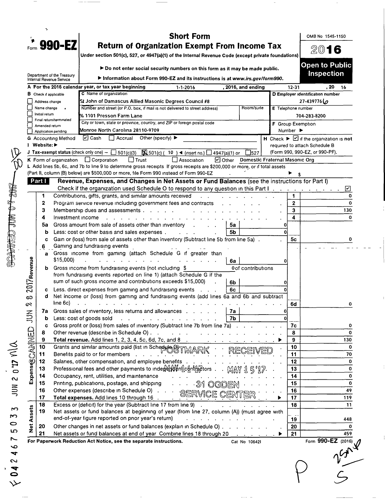 Image of first page of 2016 Form 990EO for St John of Damascus Council 8