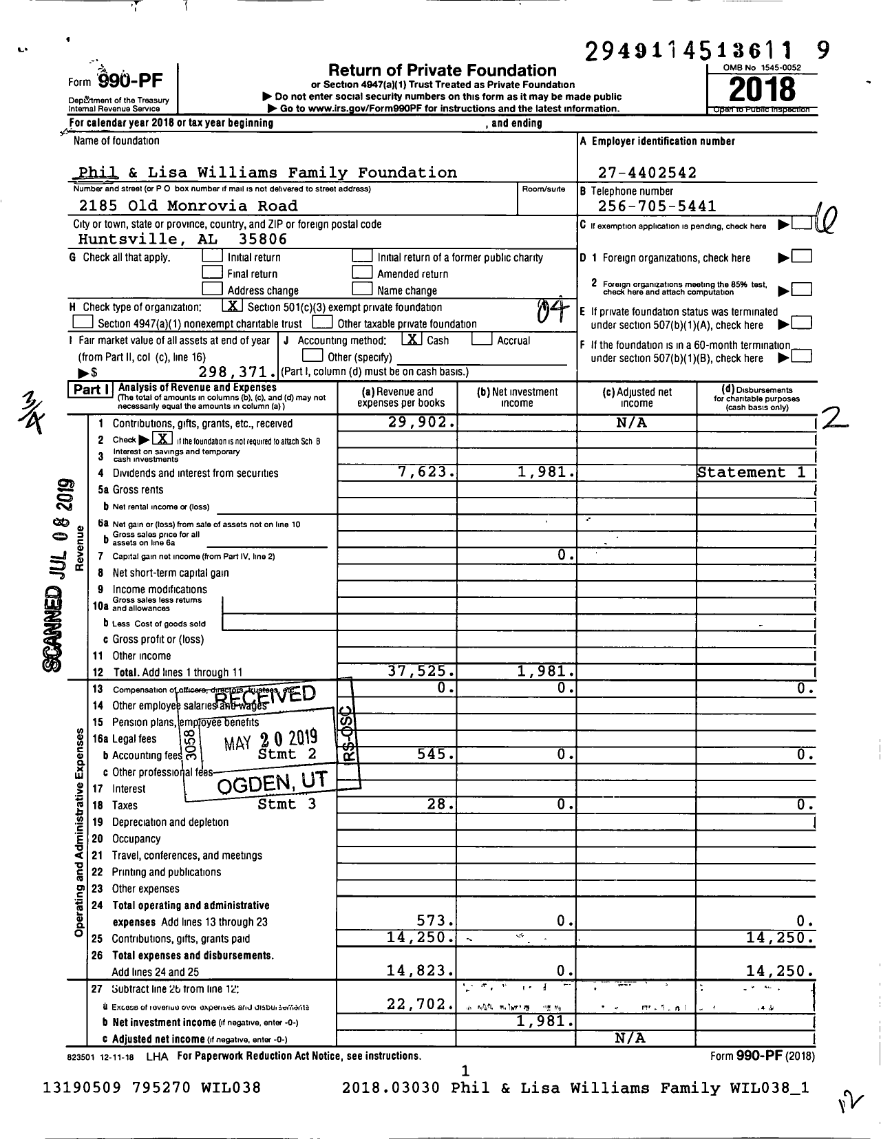 Image of first page of 2018 Form 990PF for Phil and Lisa Williams Family Foundation