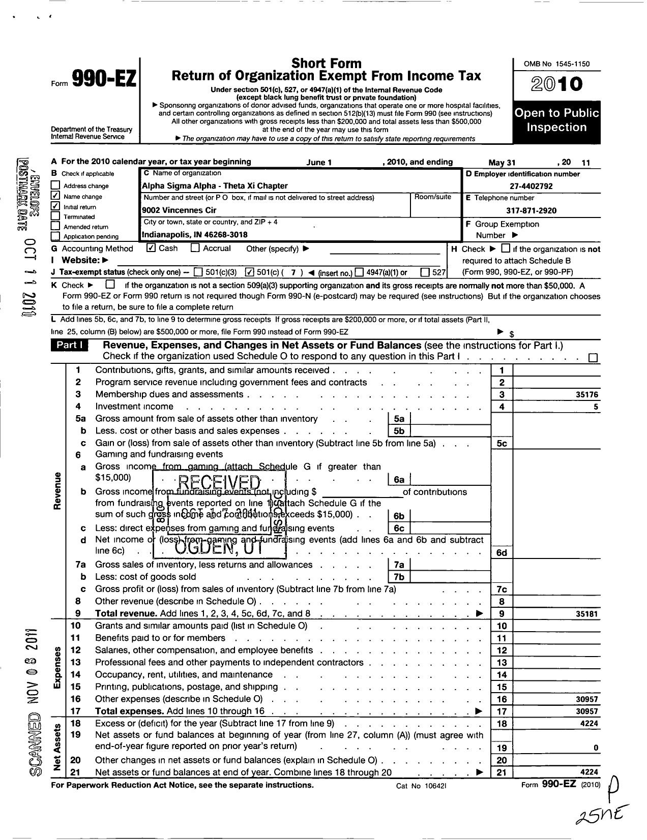 Image of first page of 2010 Form 990EO for Alpha Sigma Alpha - Theta Xi Chapter