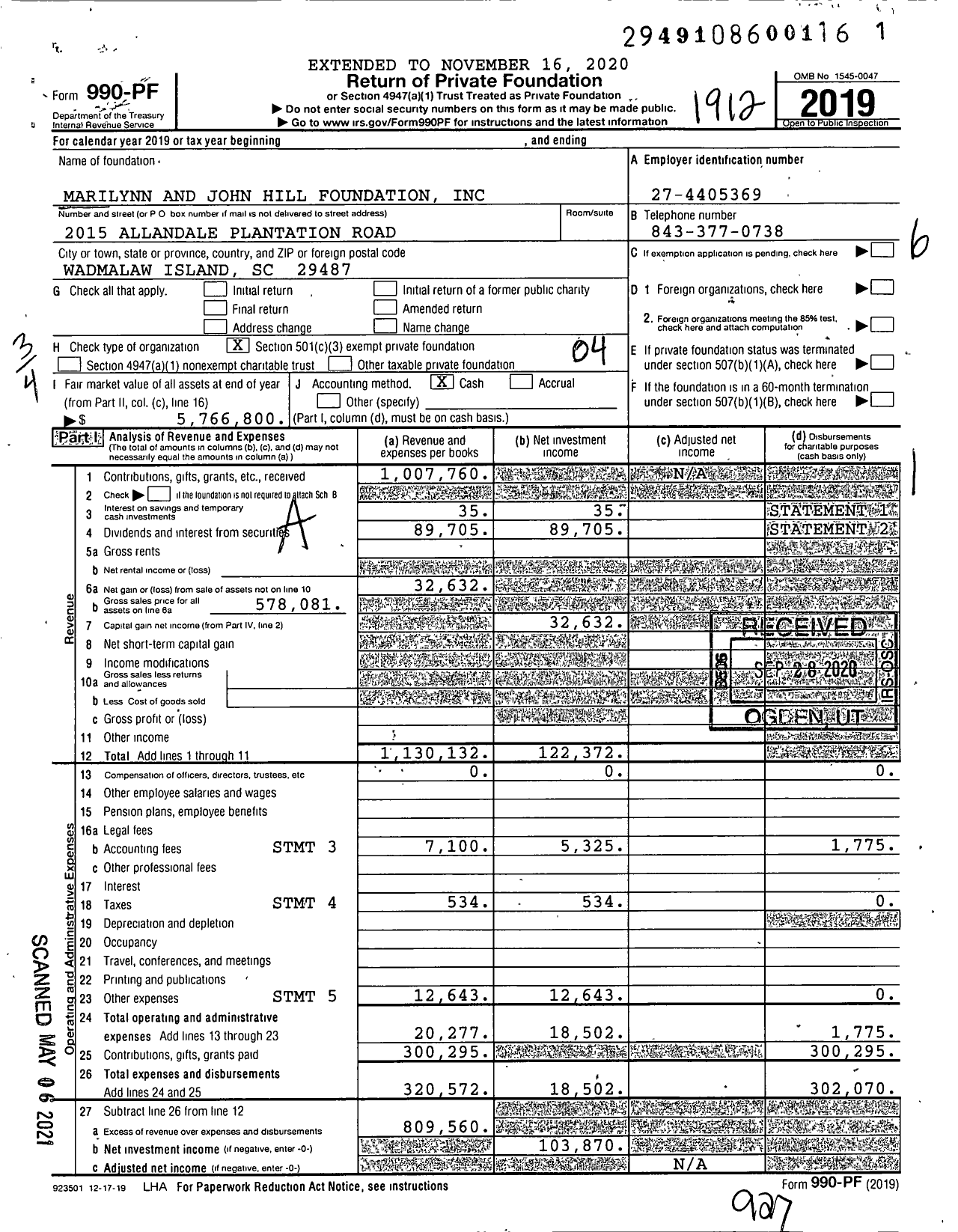 Image of first page of 2019 Form 990PF for Marilynn and John Hill Foundation