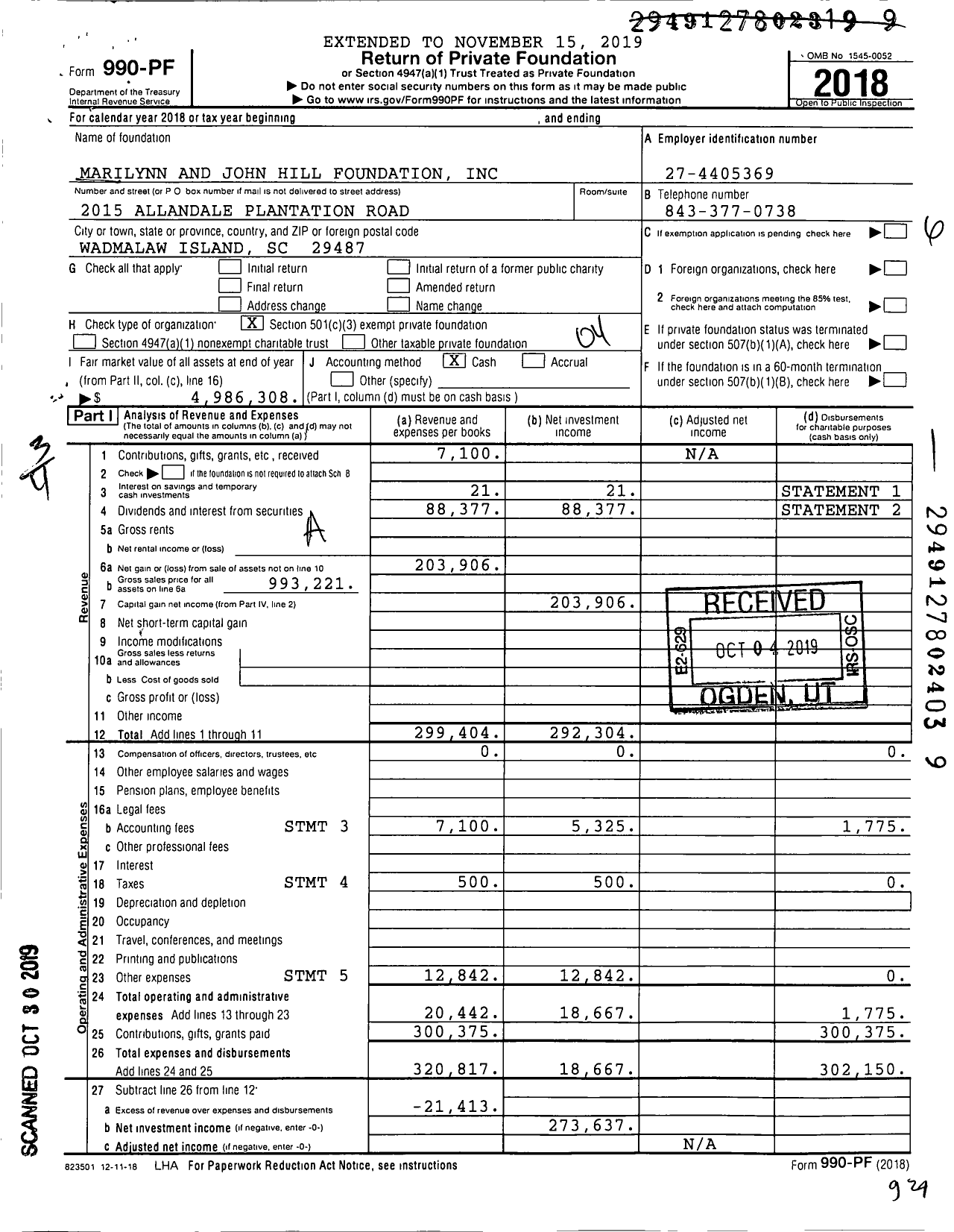 Image of first page of 2018 Form 990PF for Marilynn and John Hill Foundation