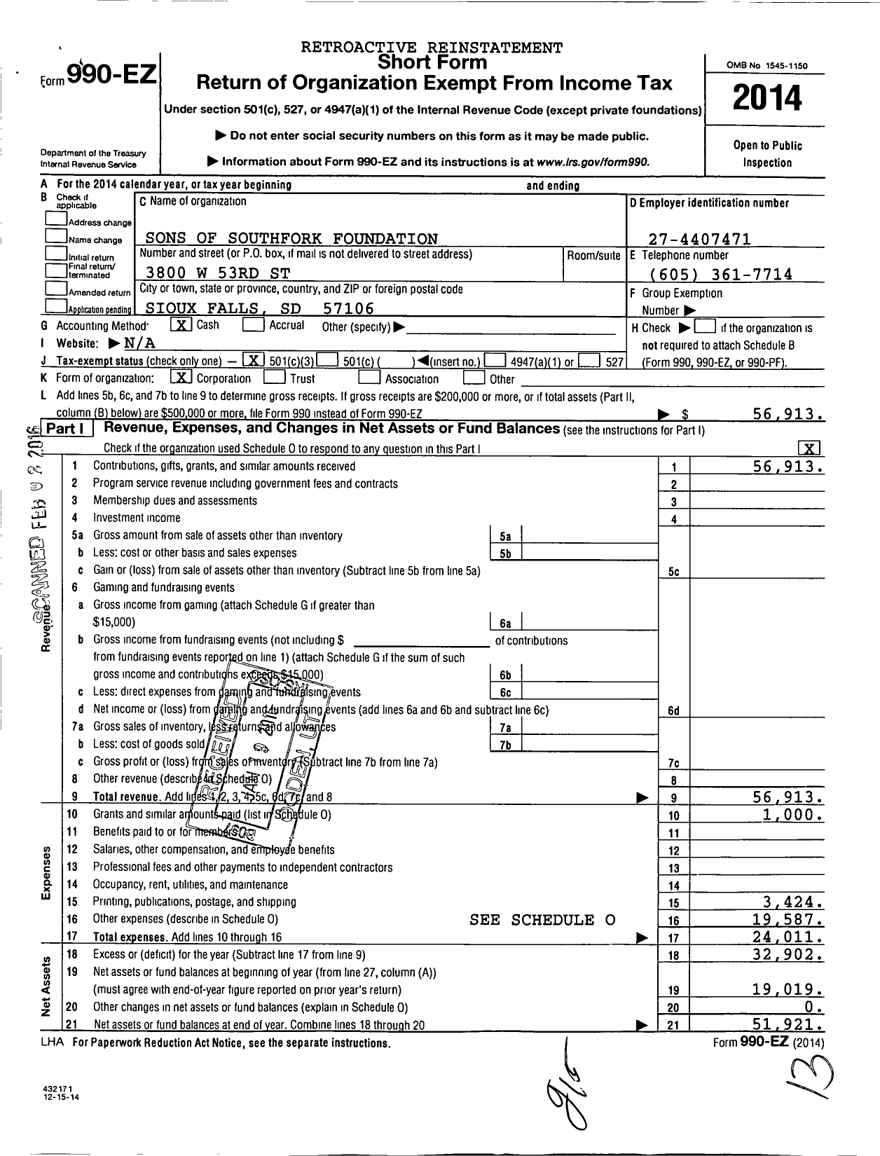 Image of first page of 2014 Form 990EZ for Sons of Southfork Foundation
