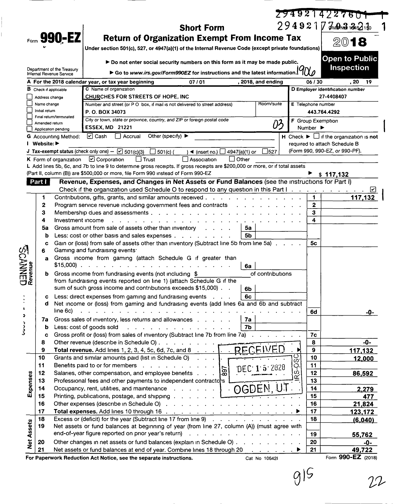 Image of first page of 2018 Form 990EZ for Churches for Streets of Hope