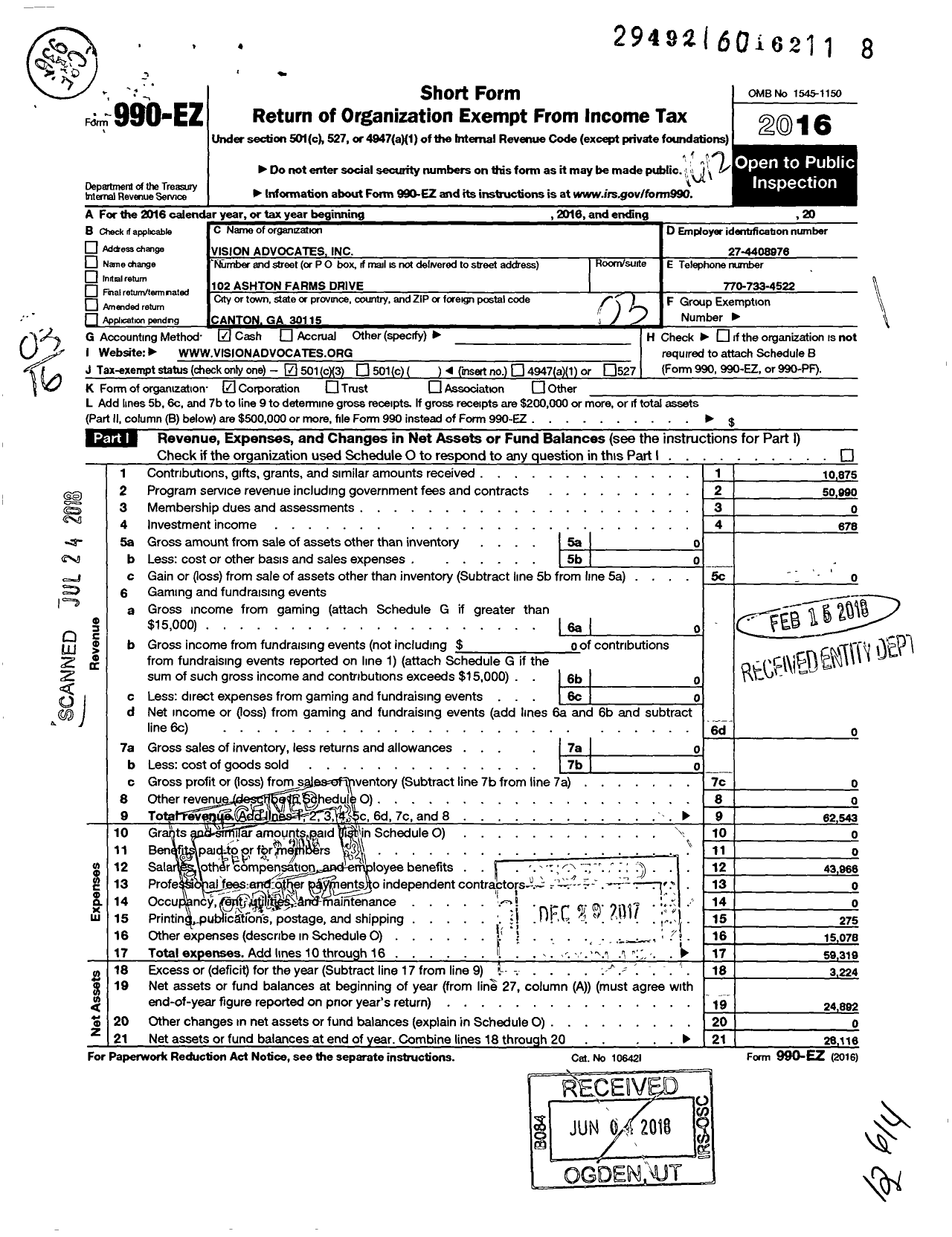 Image of first page of 2016 Form 990EZ for Vision Advocates