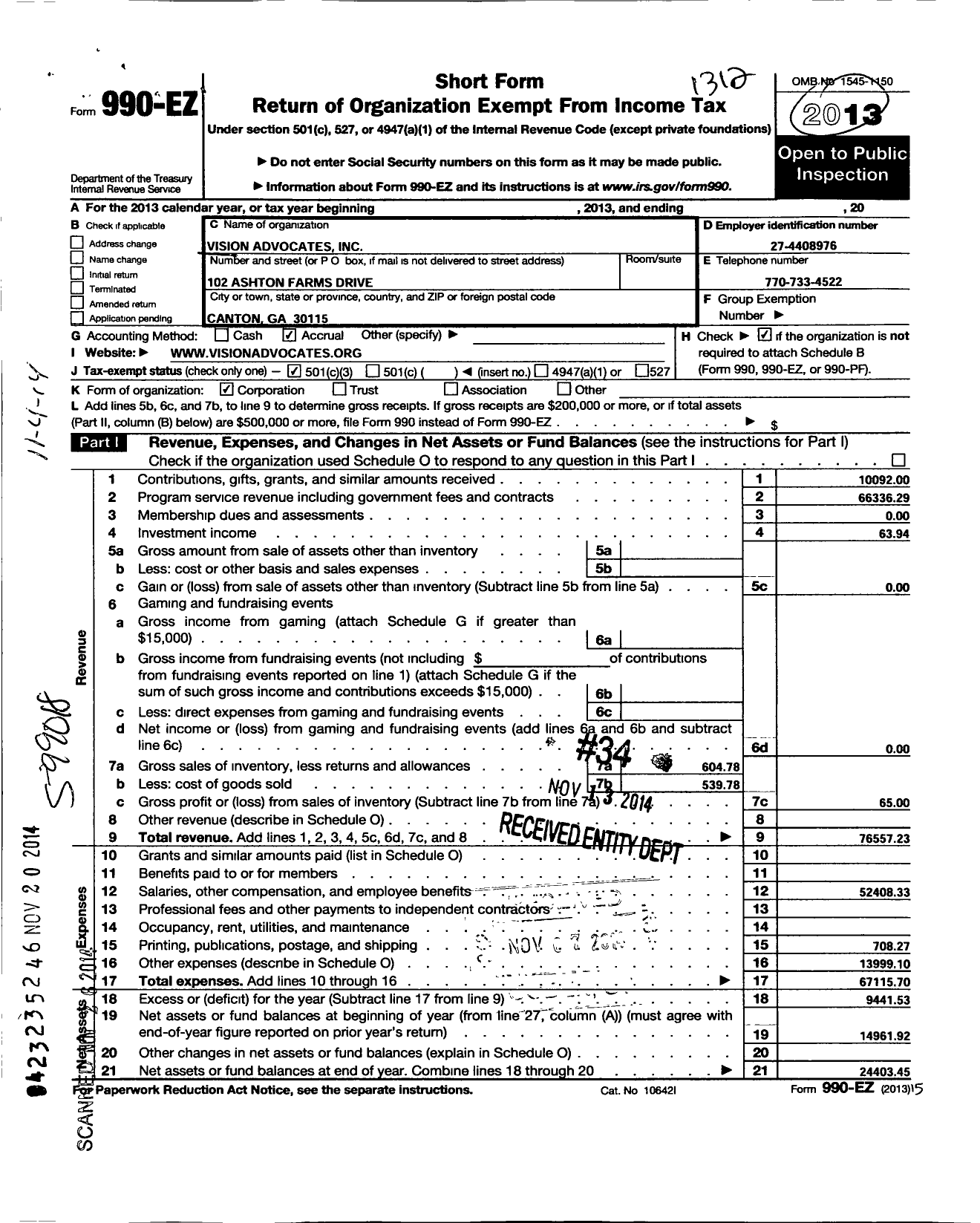 Image of first page of 2013 Form 990EZ for Vision Advocates