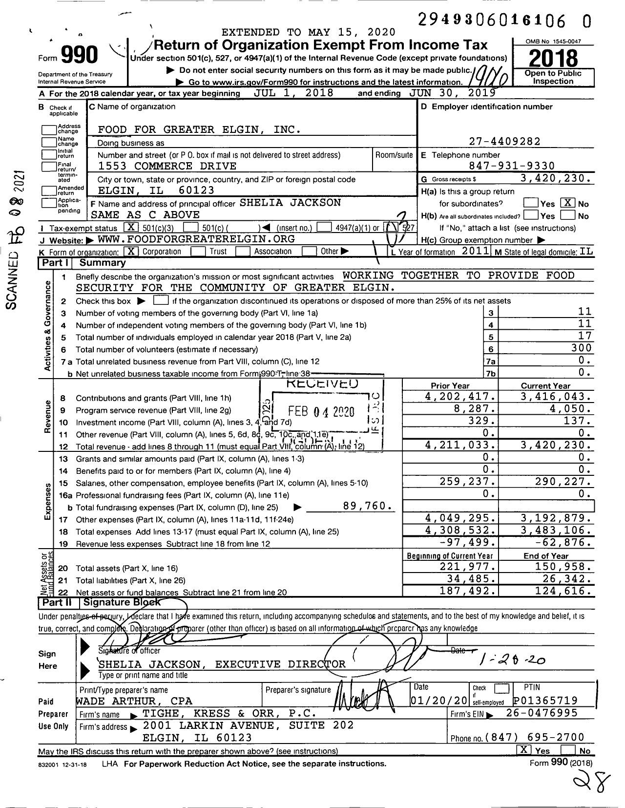 Image of first page of 2018 Form 990 for Food for Greater Elgin