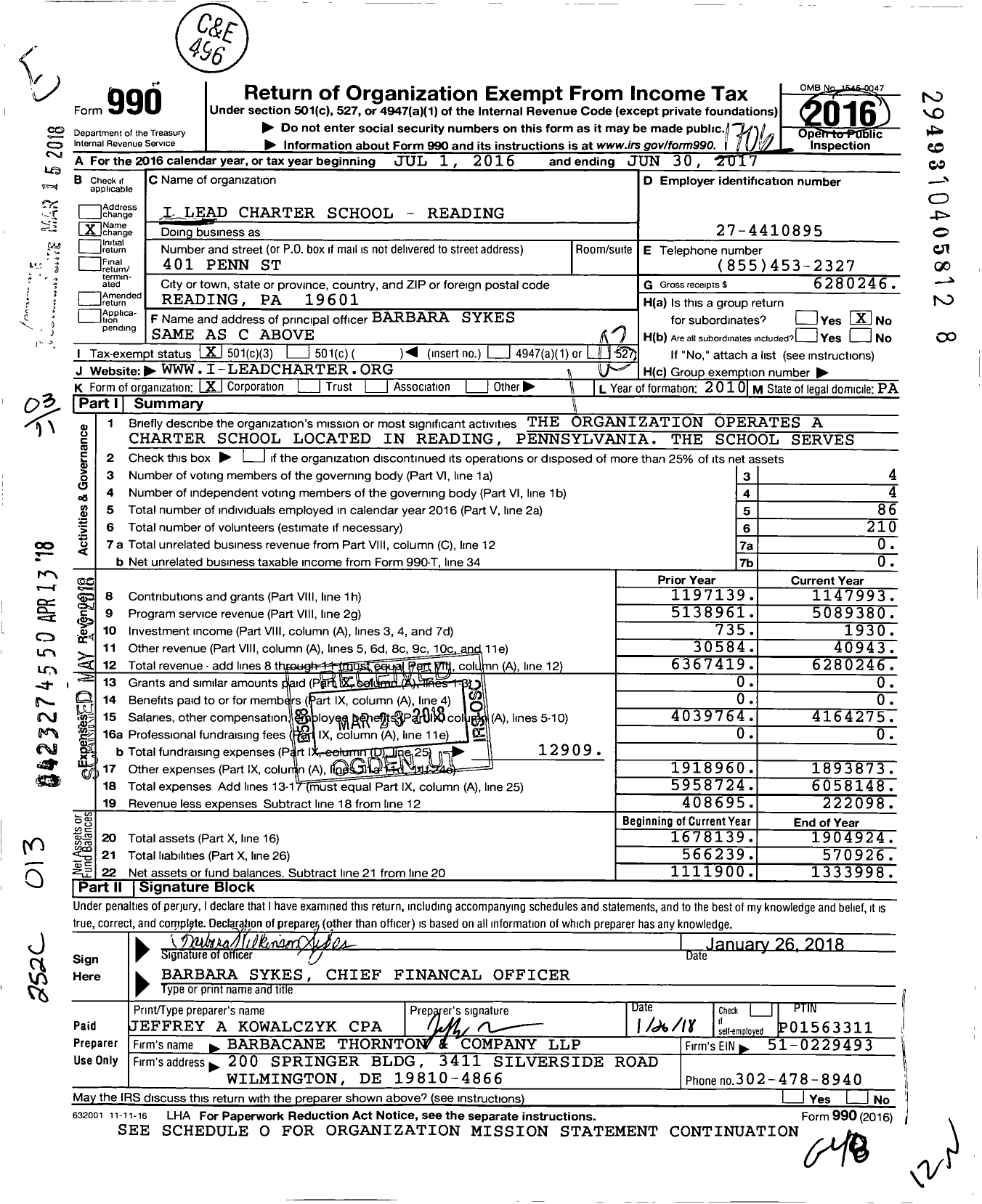 Image of first page of 2016 Form 990 for I-Lead Charter School