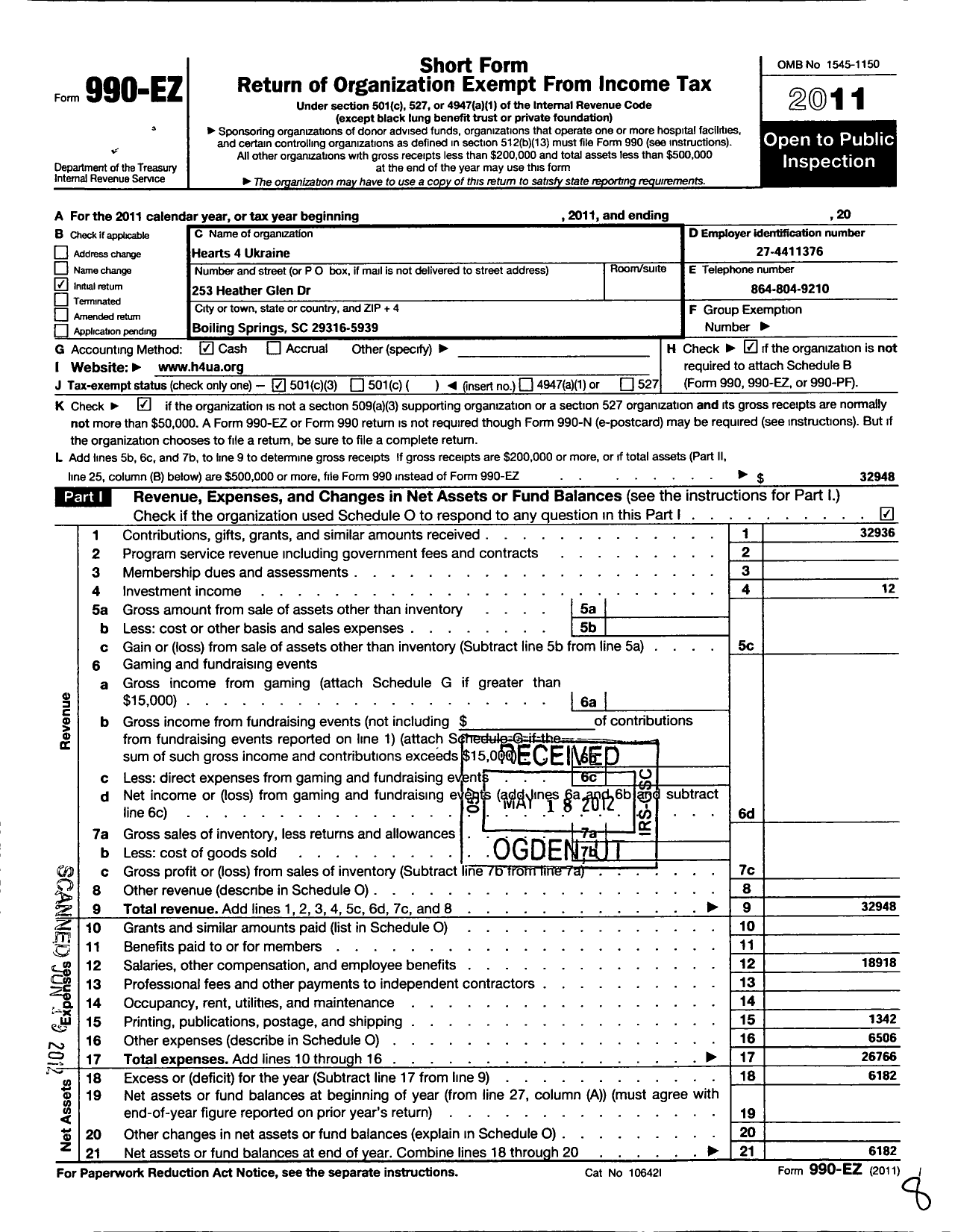 Image of first page of 2011 Form 990EZ for Hearts 4 Ukraine