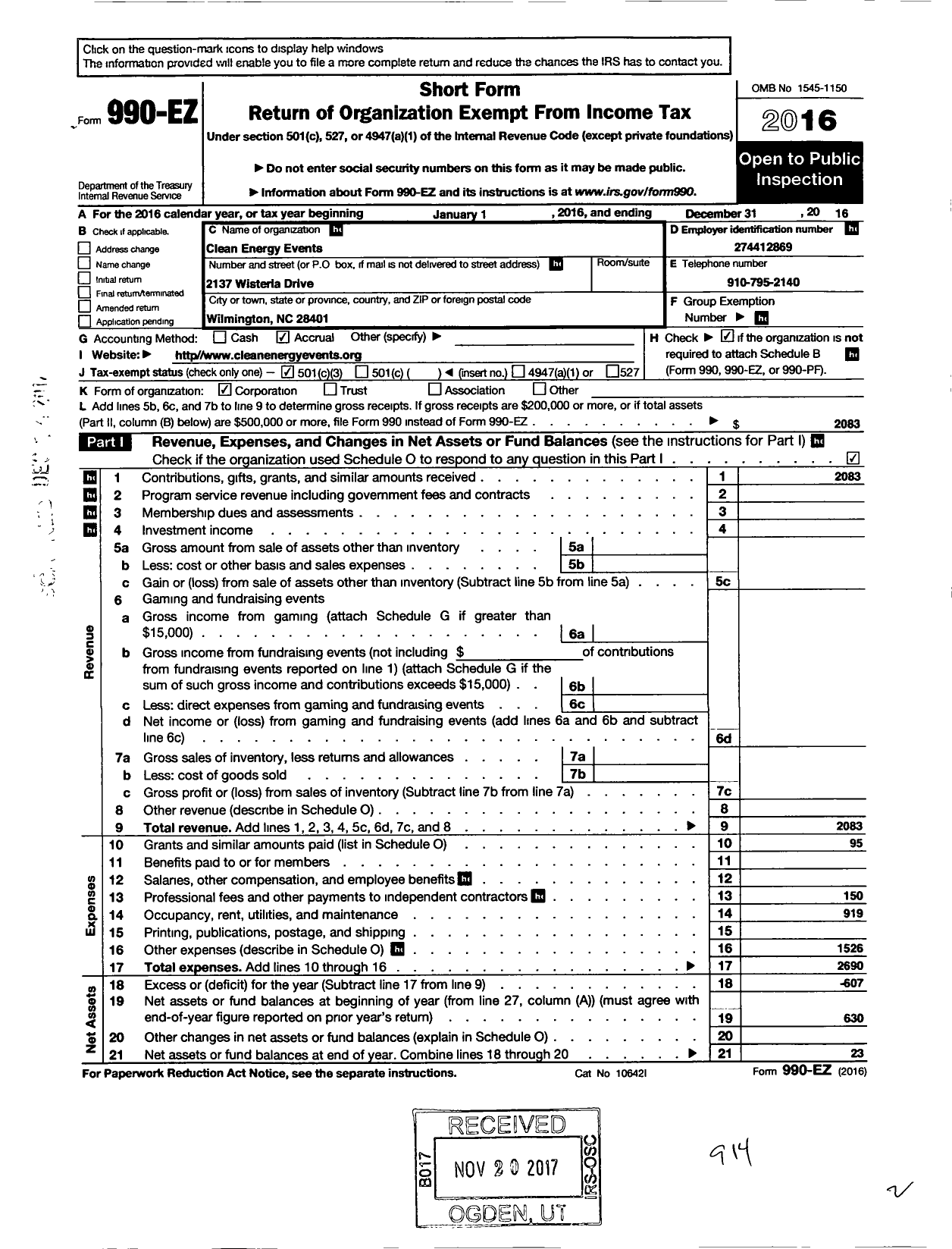 Image of first page of 2016 Form 990EZ for Clean Energy Events