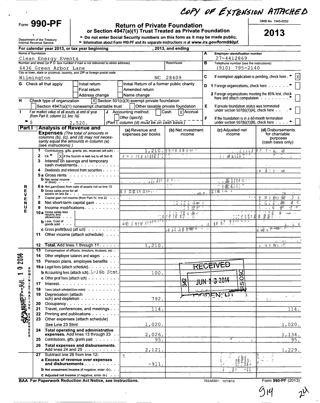 Image of first page of 2013 Form 990PF for Clean Energy Events