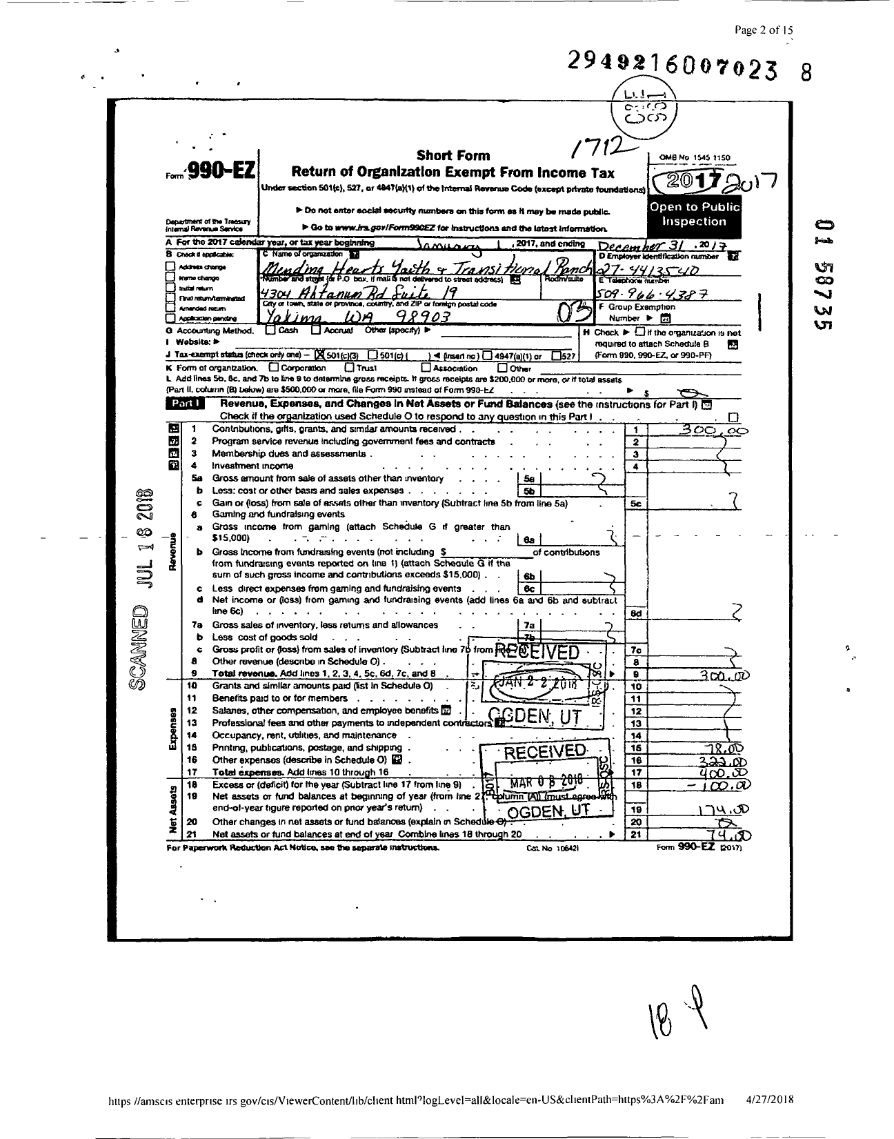 Image of first page of 2017 Form 990EZ for Mending Hearts Youth and Transitional Ranch