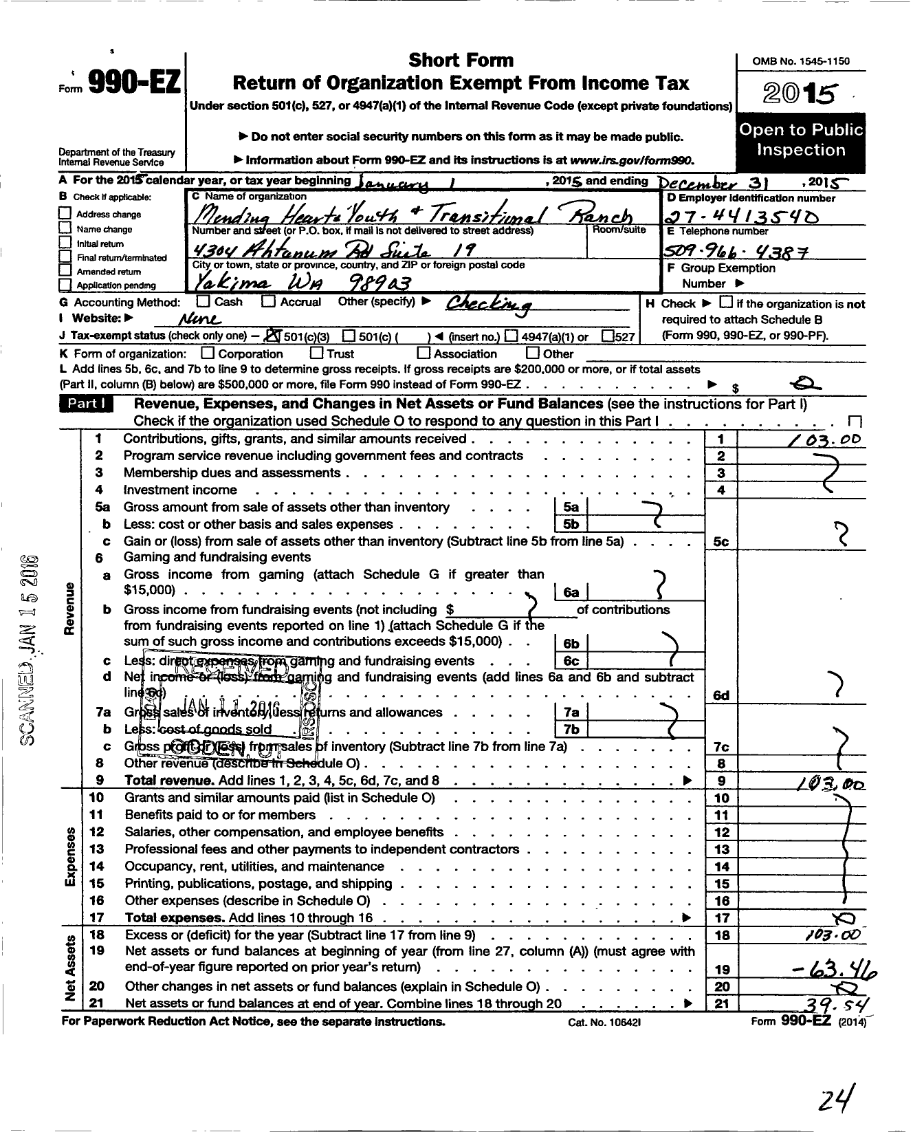 Image of first page of 2015 Form 990EZ for Mending Hearts Youth and Transitional Ranch