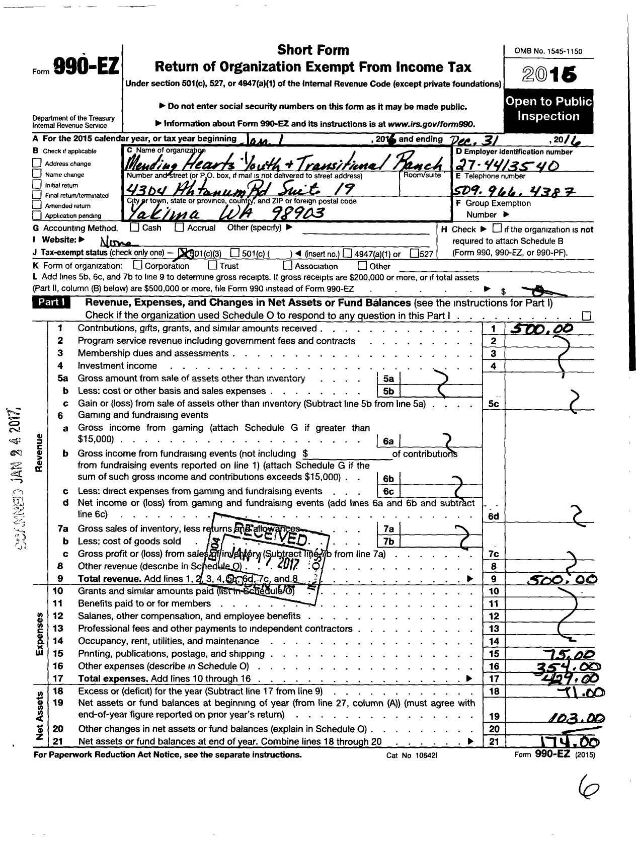 Image of first page of 2016 Form 990EZ for Mending Hearts Youth and Transitional Ranch