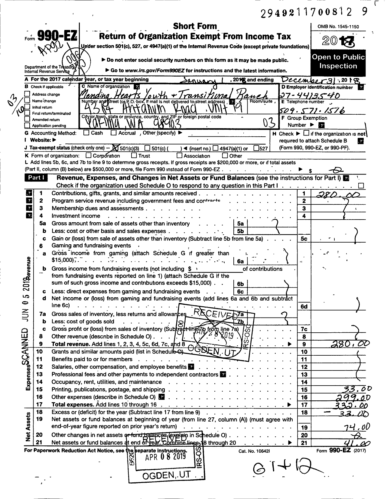 Image of first page of 2018 Form 990EZ for Mending Hearts Youth and Transitional Ranch