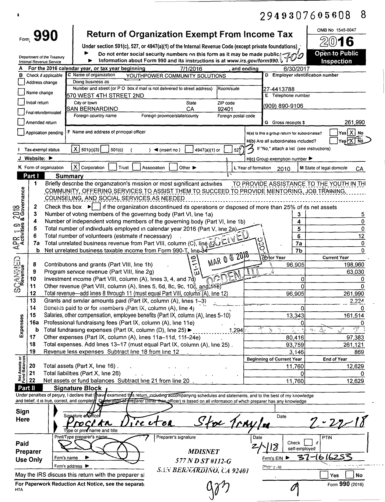 Image of first page of 2016 Form 990 for Youthpower Community Solutions
