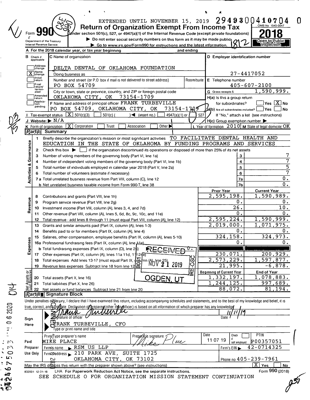 Image of first page of 2018 Form 990 for Delta Dental of Oklahoma Foundation