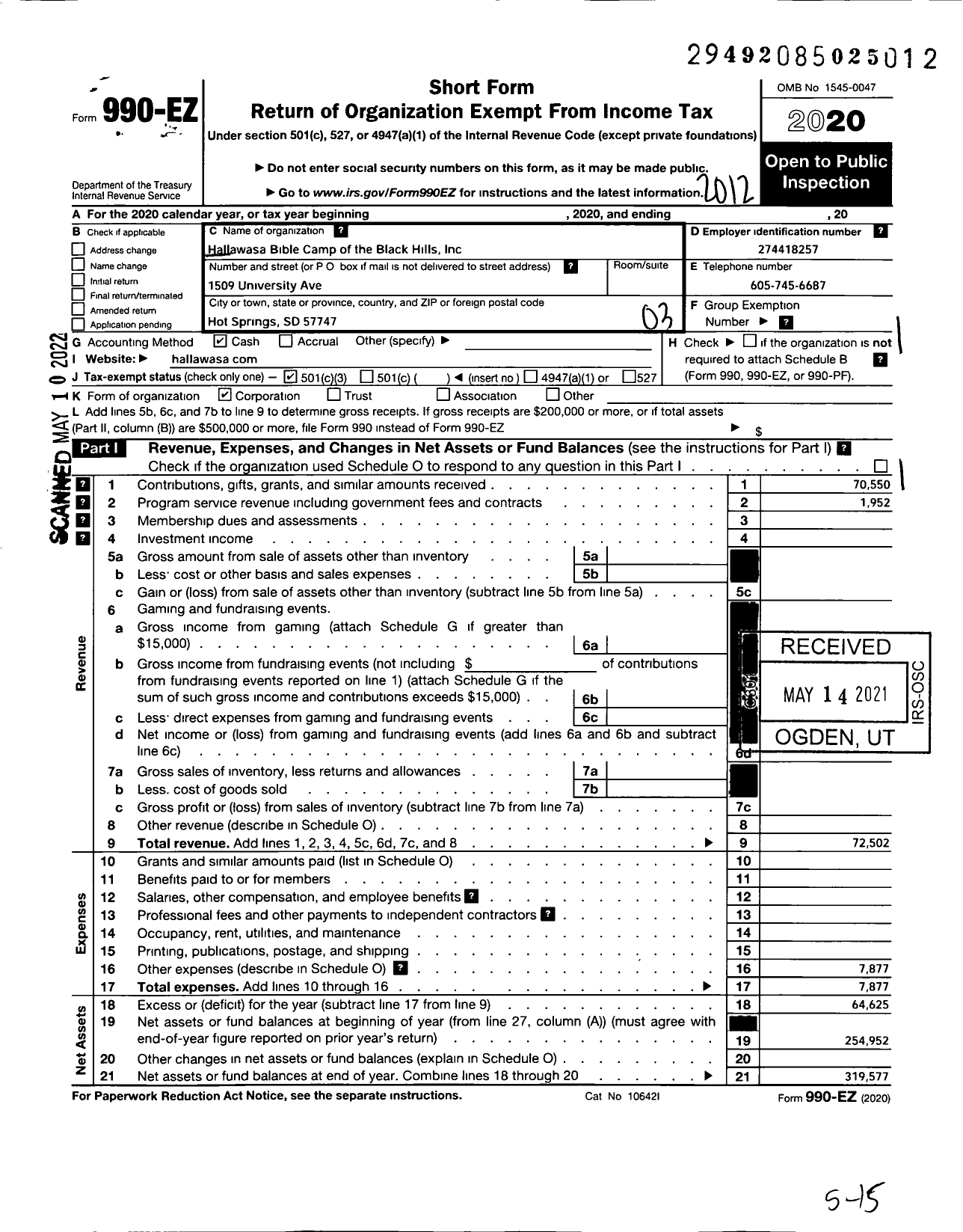 Image of first page of 2020 Form 990EZ for Hallawasa Bible Camp of the Black Hills