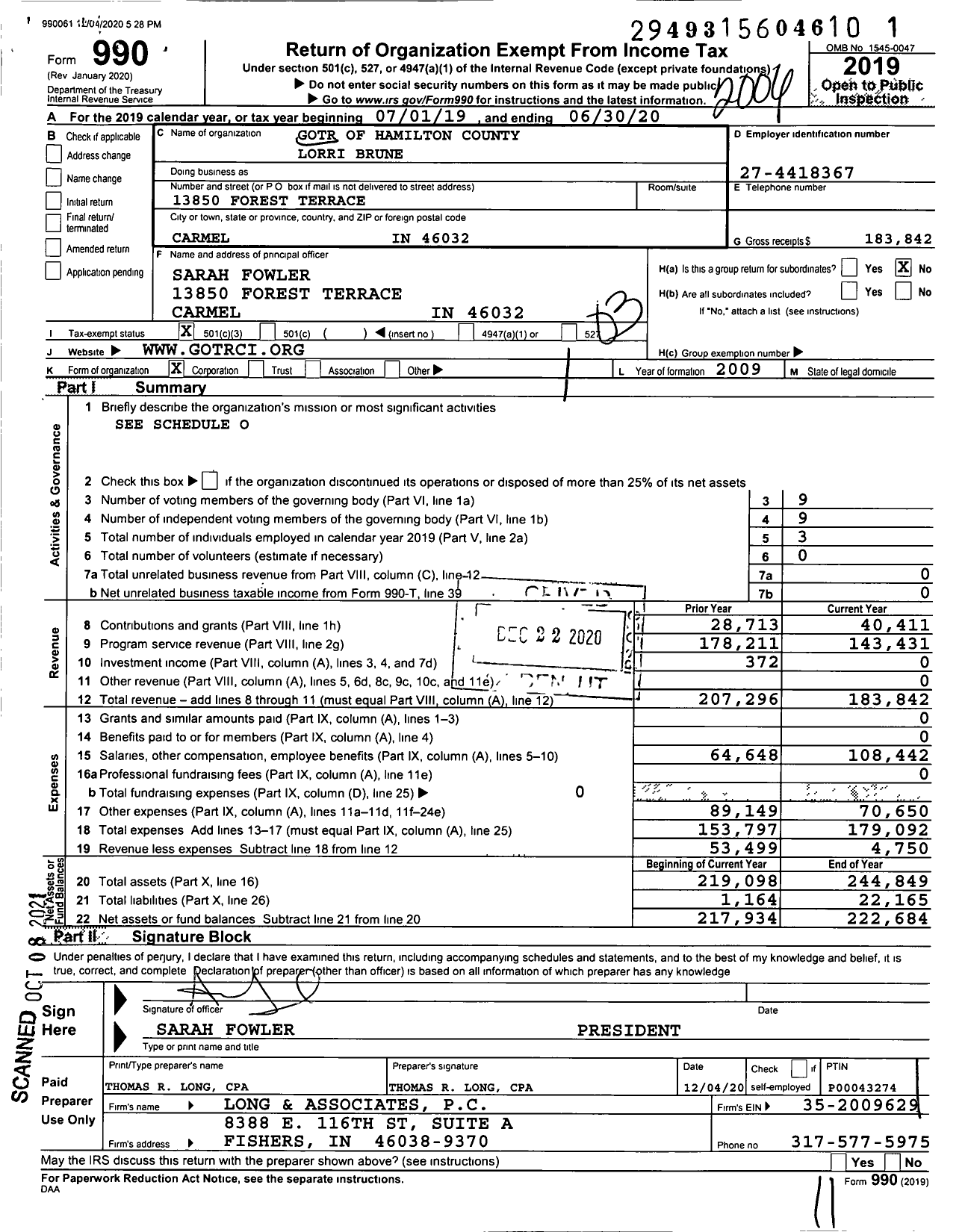 Image of first page of 2019 Form 990 for Gotr of Hamilton County