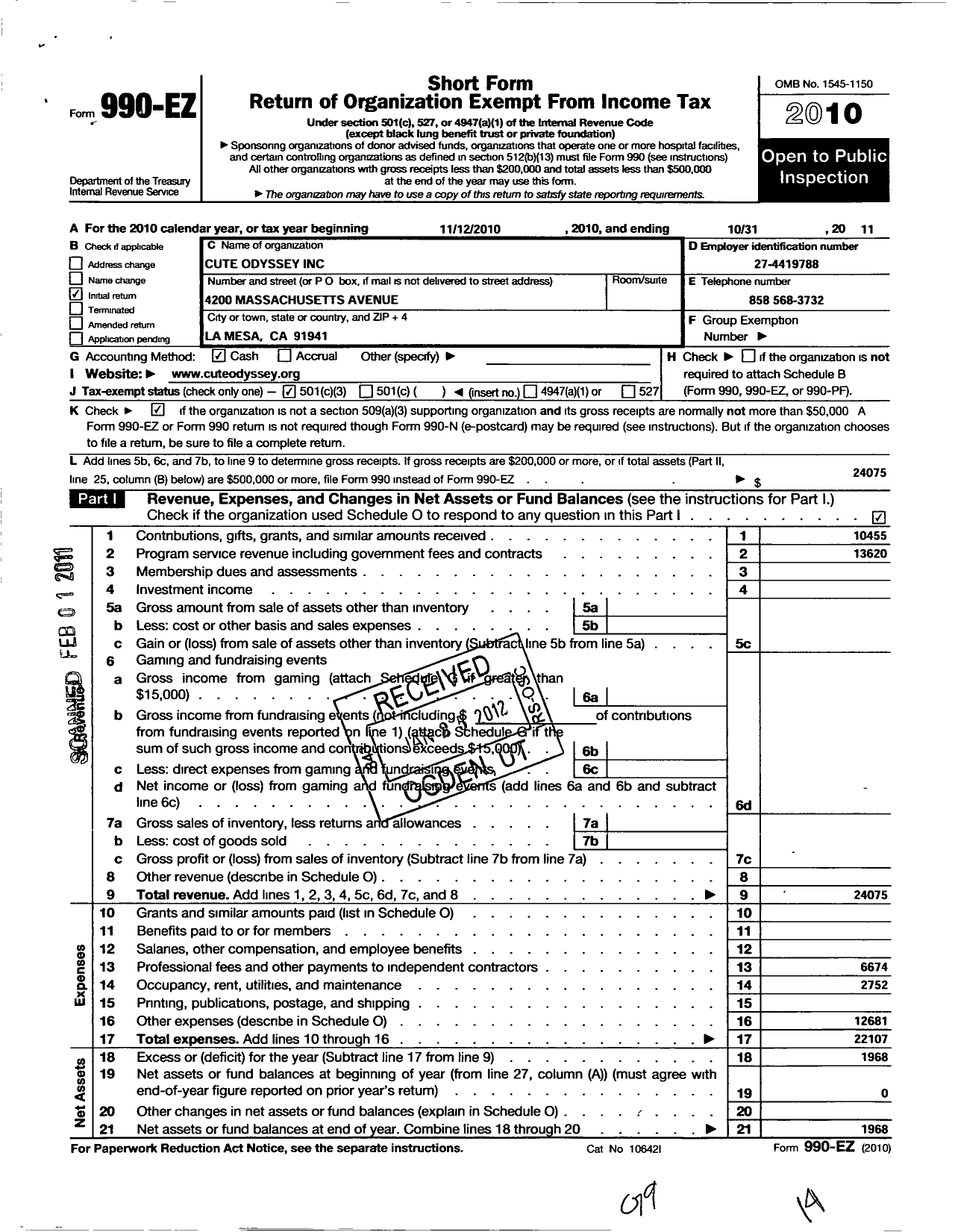 Image of first page of 2010 Form 990EZ for Cute Odyssey