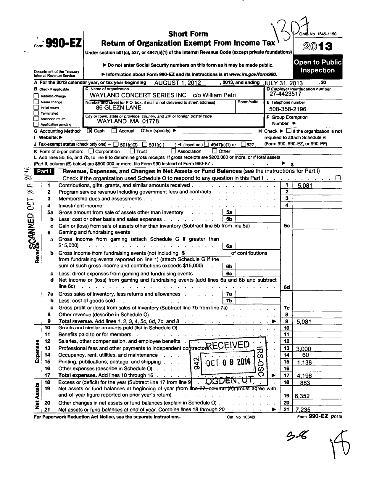 Image of first page of 2012 Form 990EO for Wayland Concert Series