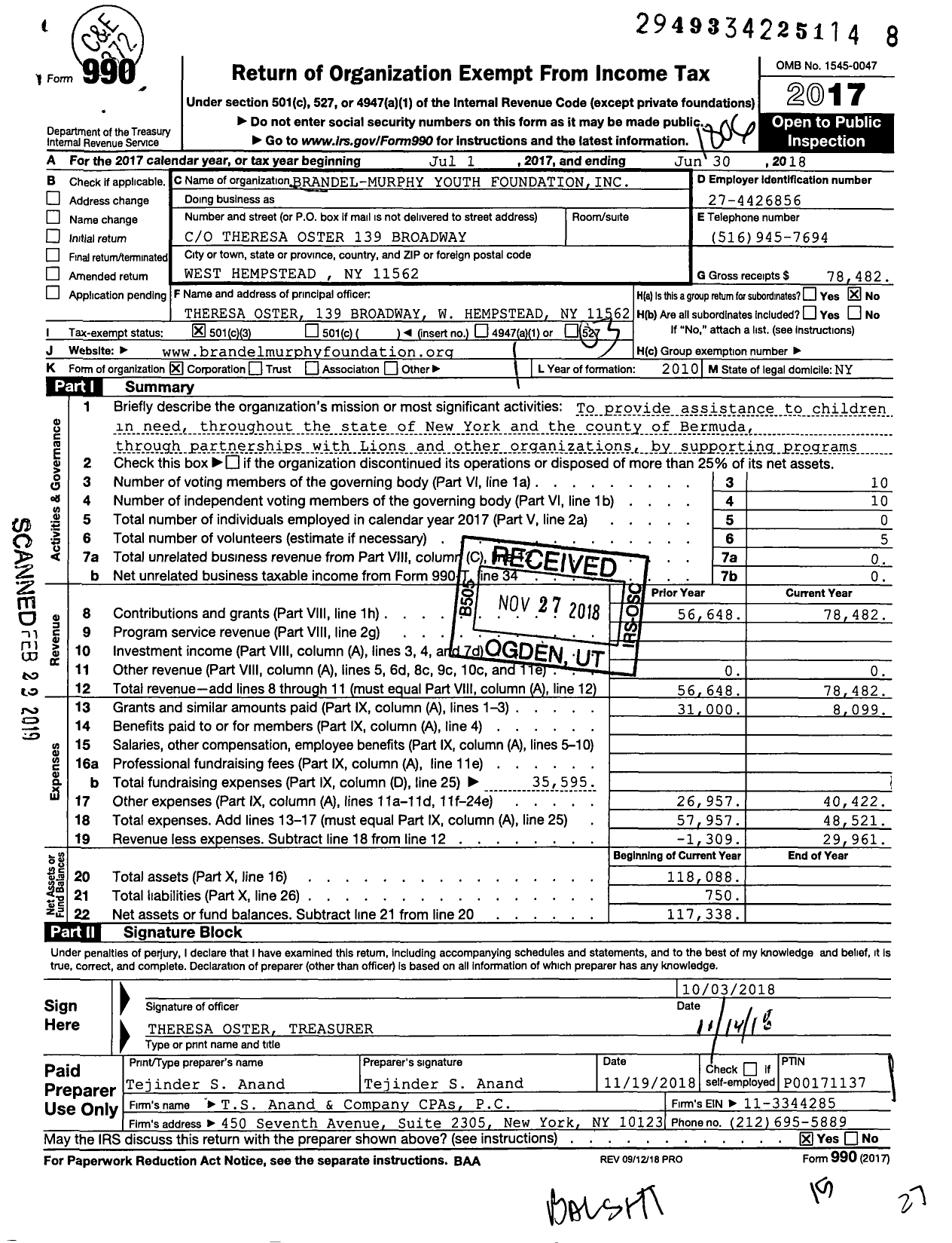 Image of first page of 2017 Form 990 for Brandel-Murphy Youth Foundation