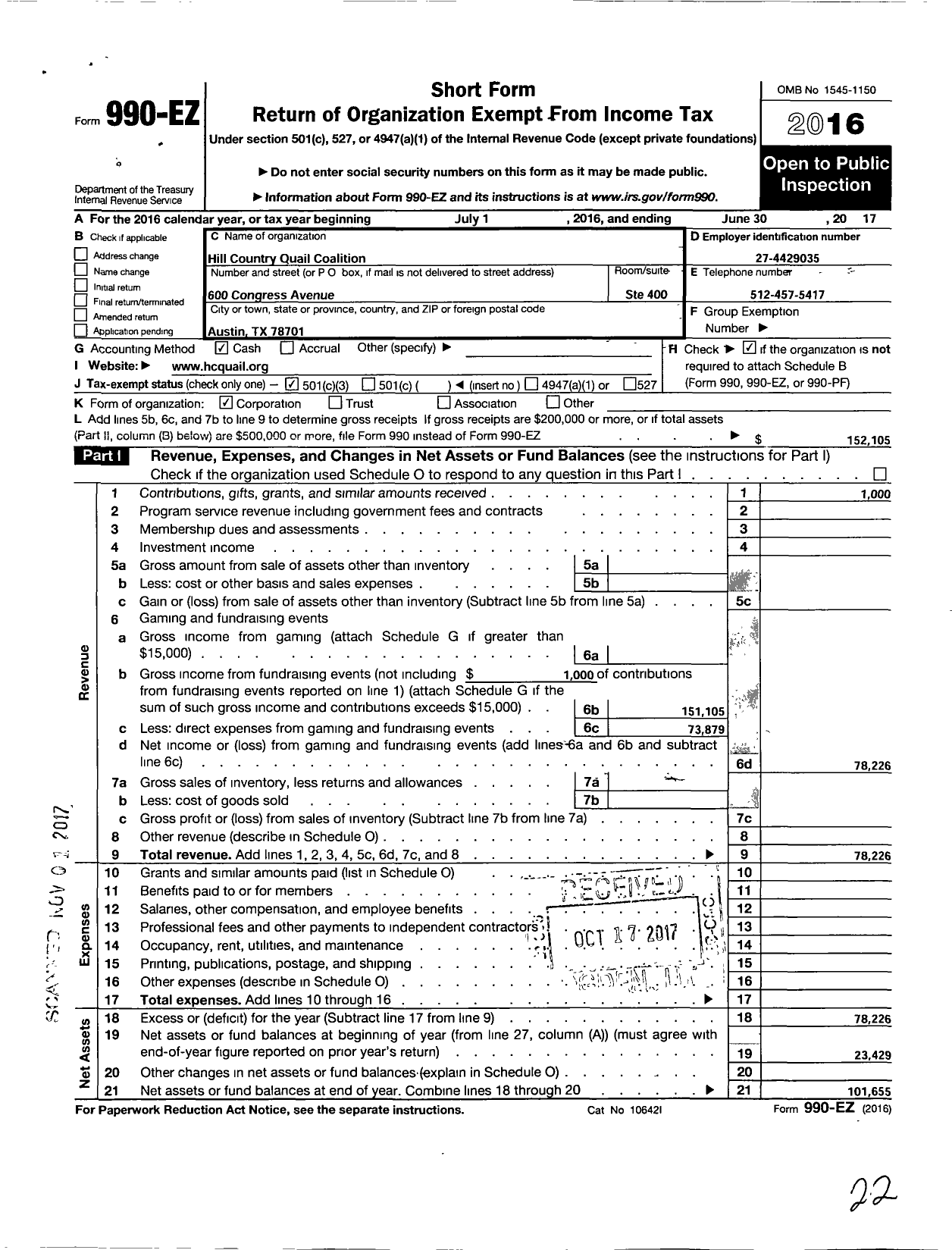 Image of first page of 2016 Form 990EZ for Quail Federation / Hill Country Quail Coalition Inc