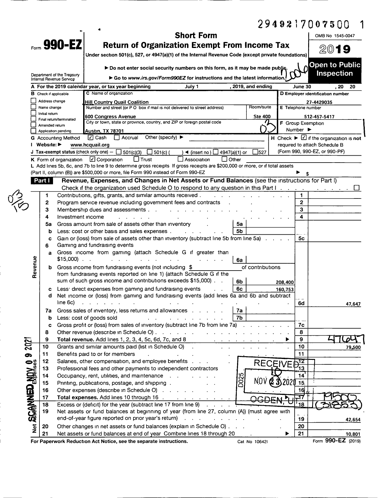 Image of first page of 2019 Form 990EZ for Quail Federation / Hill Country Quail Coalition Inc