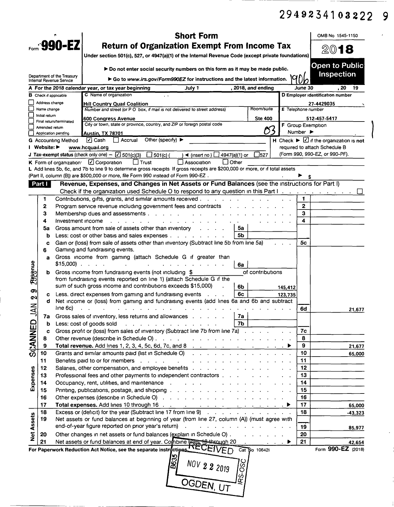 Image of first page of 2018 Form 990EZ for Quail Federation / Hill Country Quail Coalition Inc