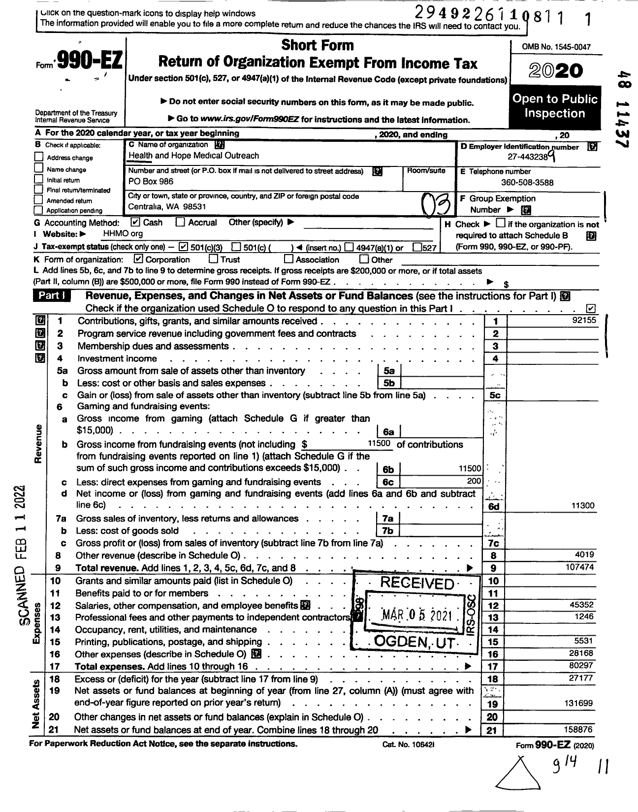 Image of first page of 2020 Form 990EZ for Health and Hope Medical Outreach