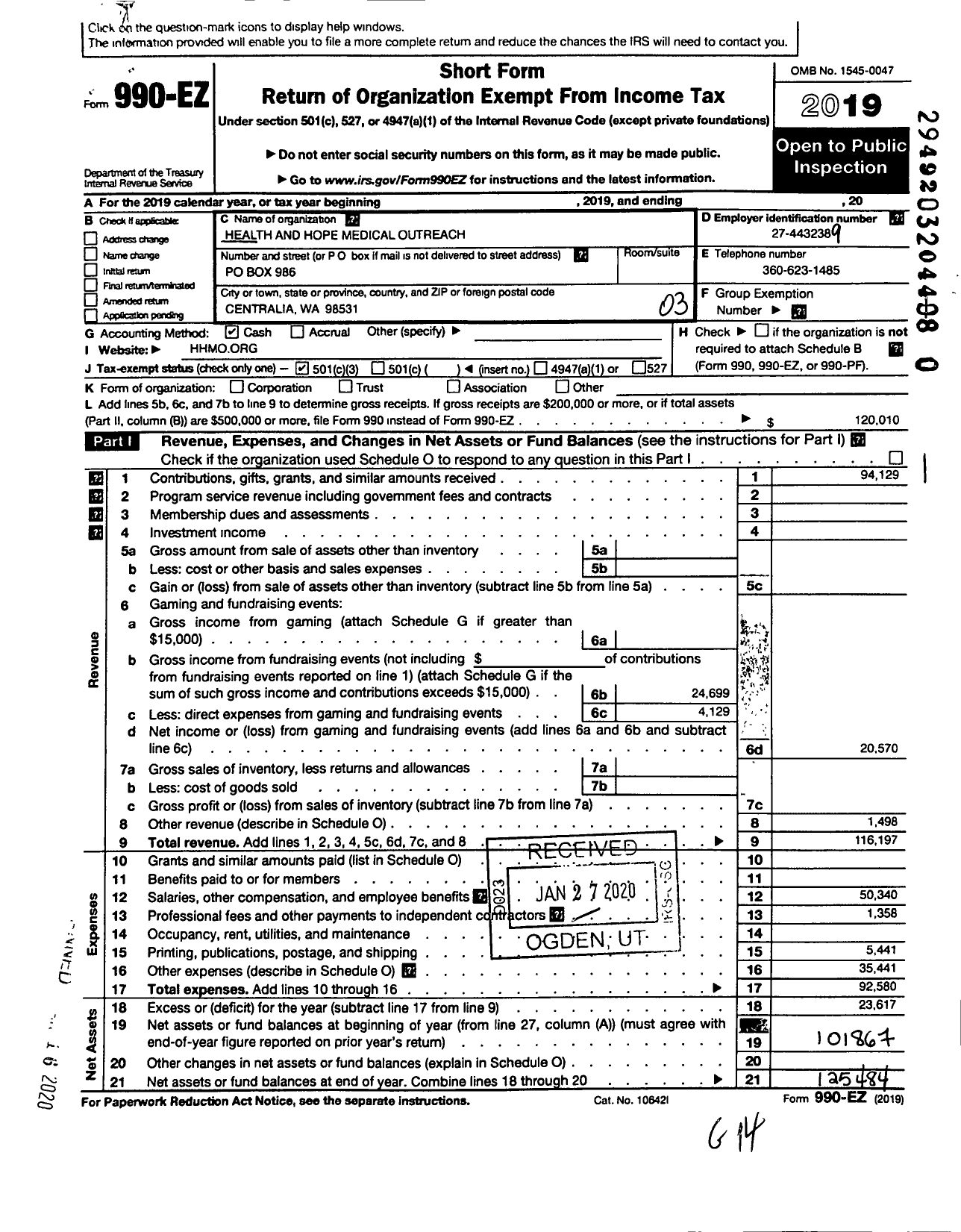 Image of first page of 2019 Form 990EZ for Health and Hope Medical Outreach