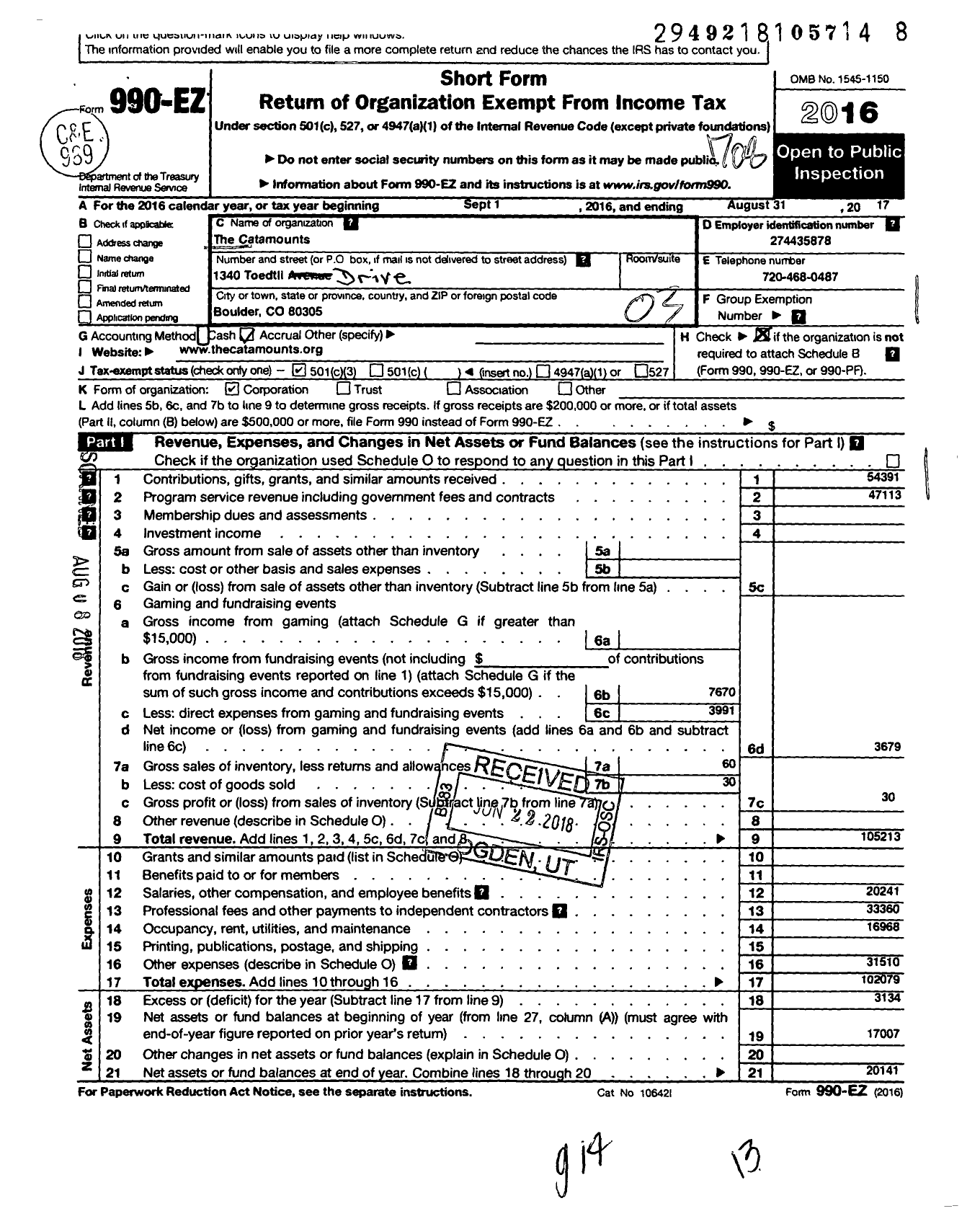 Image of first page of 2016 Form 990EZ for The Catamounts NFP