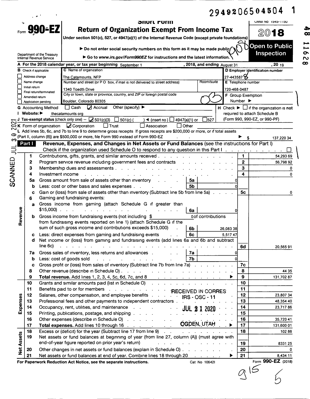 Image of first page of 2018 Form 990EZ for The Catamounts NFP