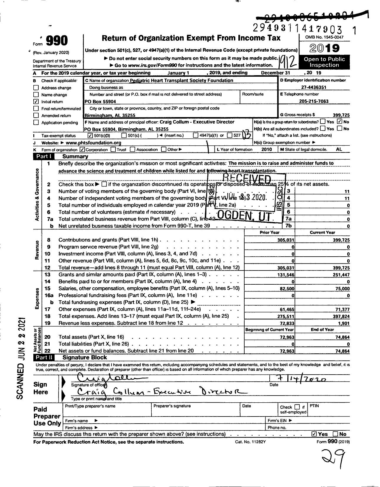 Image of first page of 2019 Form 990 for Pediatric Heart Transplant Society Foundation